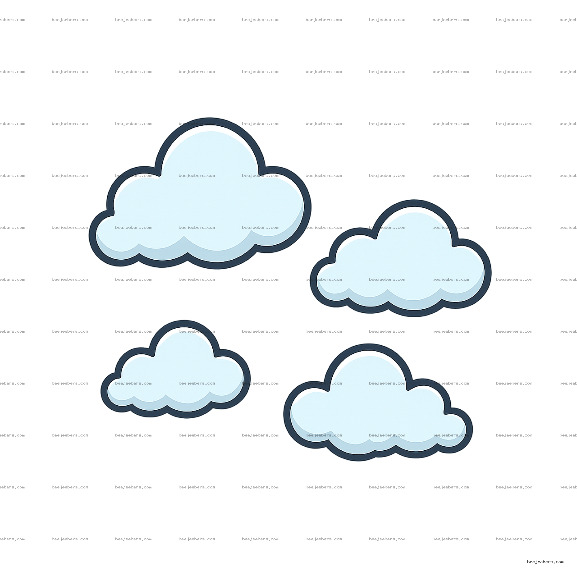 Set of clean vector cartoon clouds in blue with dark outlines and shading on transparent background