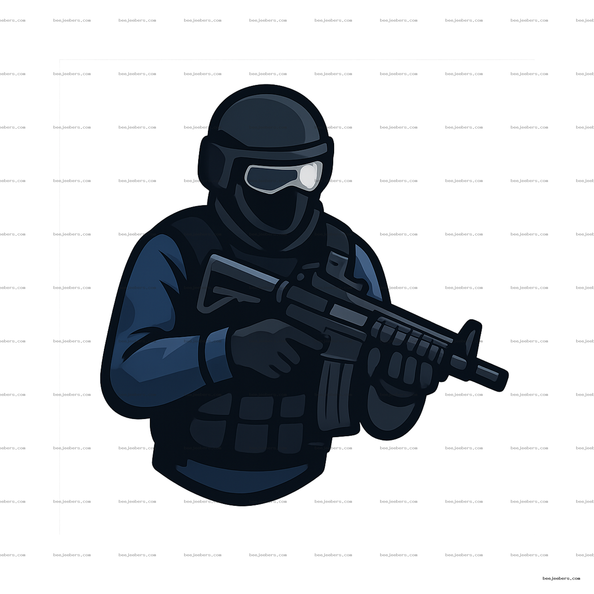 Clean vector PNG of tactical soldier in dark armor holding rifle with reflective helmet visor