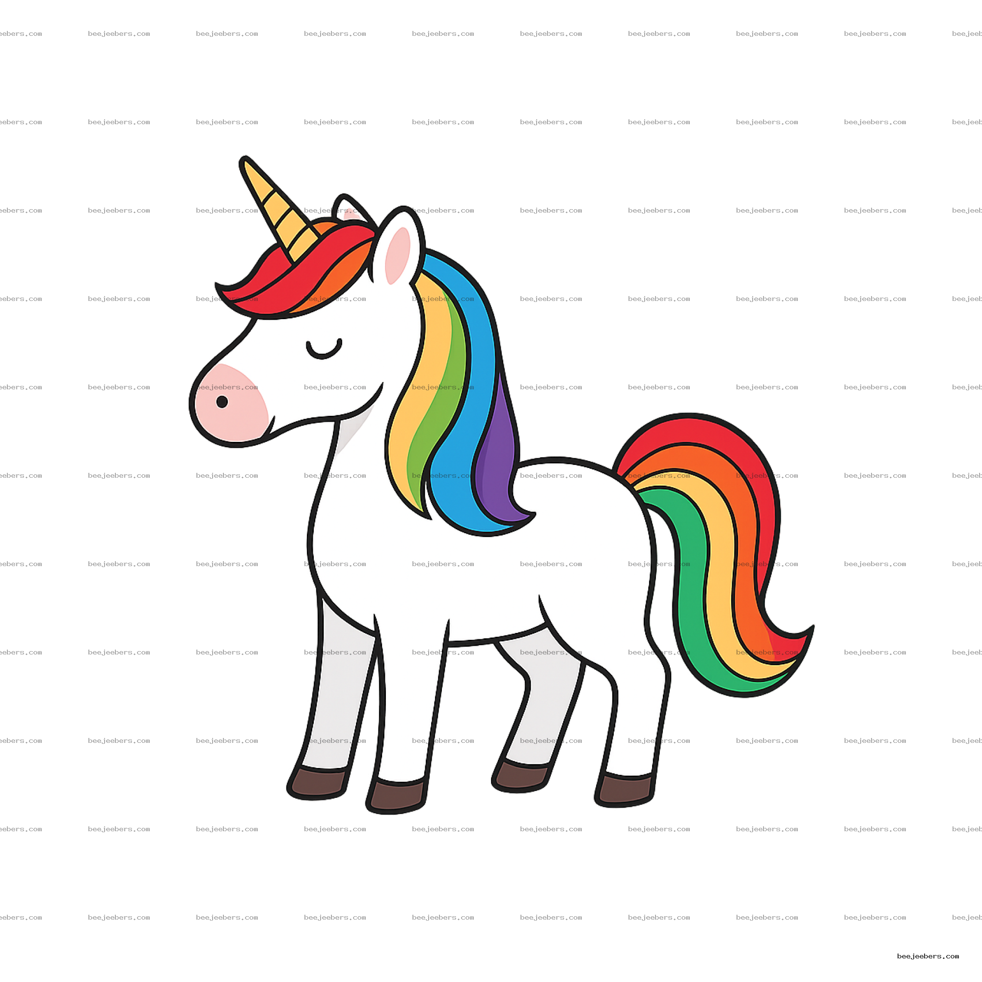 Cute rainbow unicorn with rainbow mane, tail, and golden horn in clean vector style, transparent background