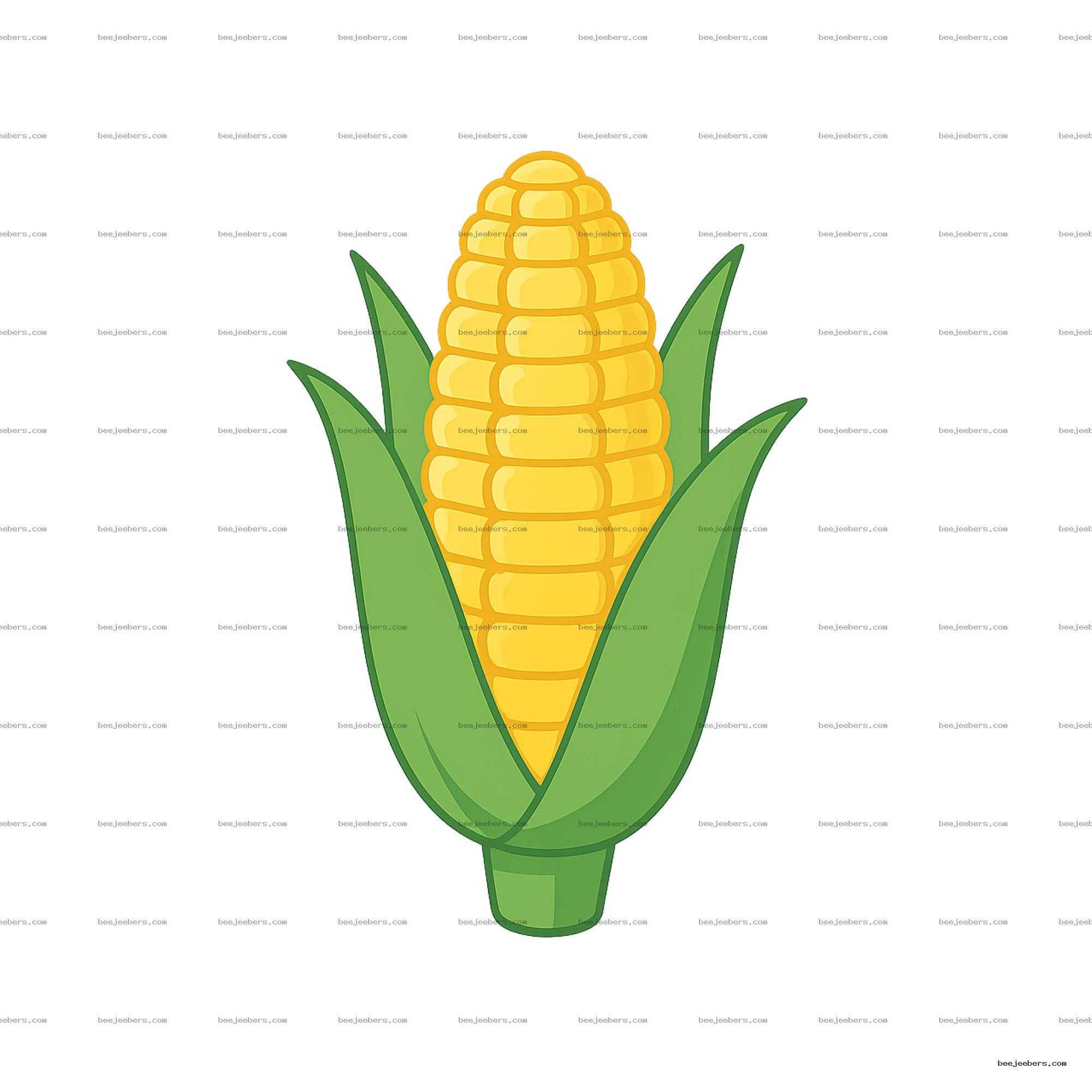 Clean vector clipart of an ear of sweet corn with yellow kernels and green husk on transparent background