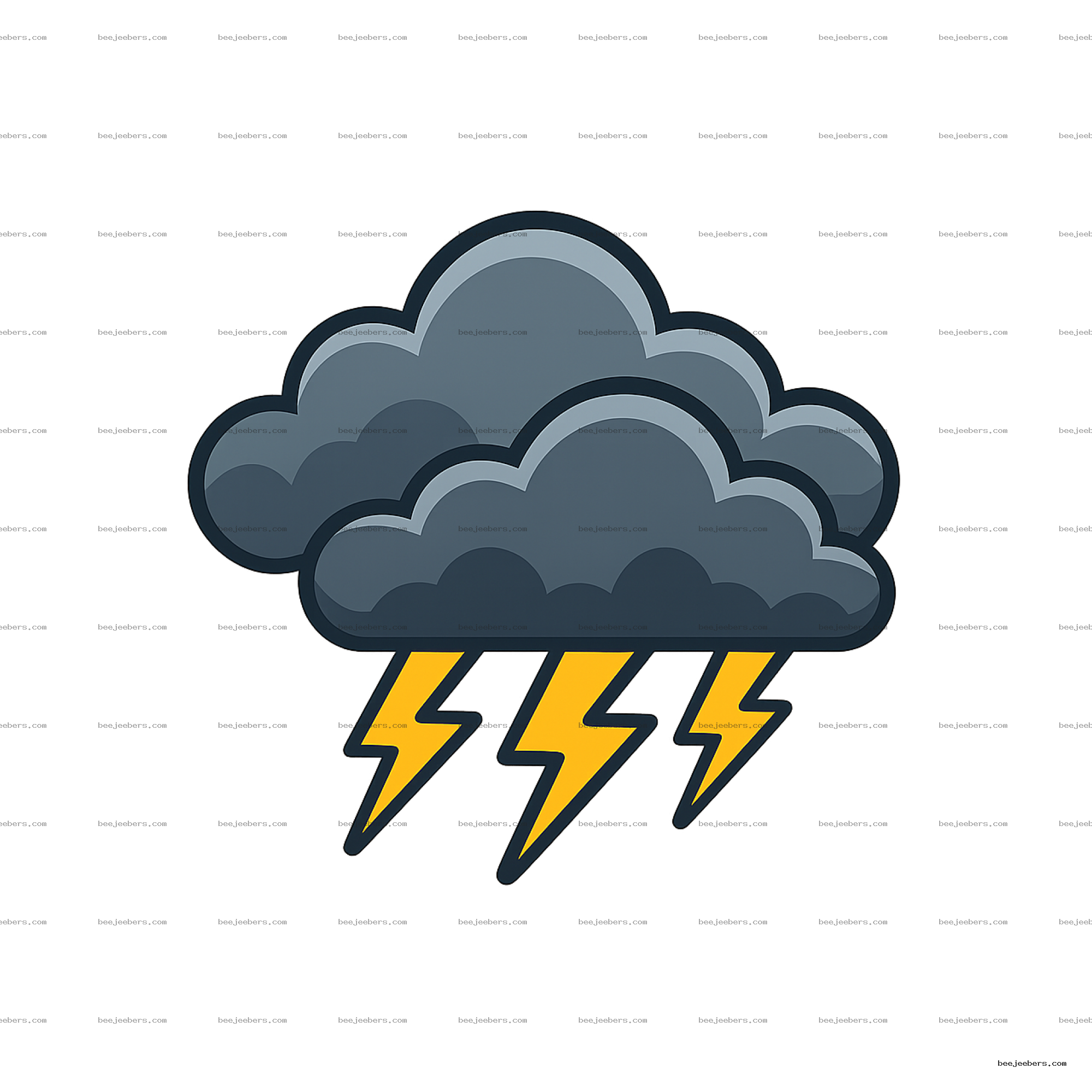 Vector PNG of dark storm clouds with three yellow lightning bolts on a transparent background