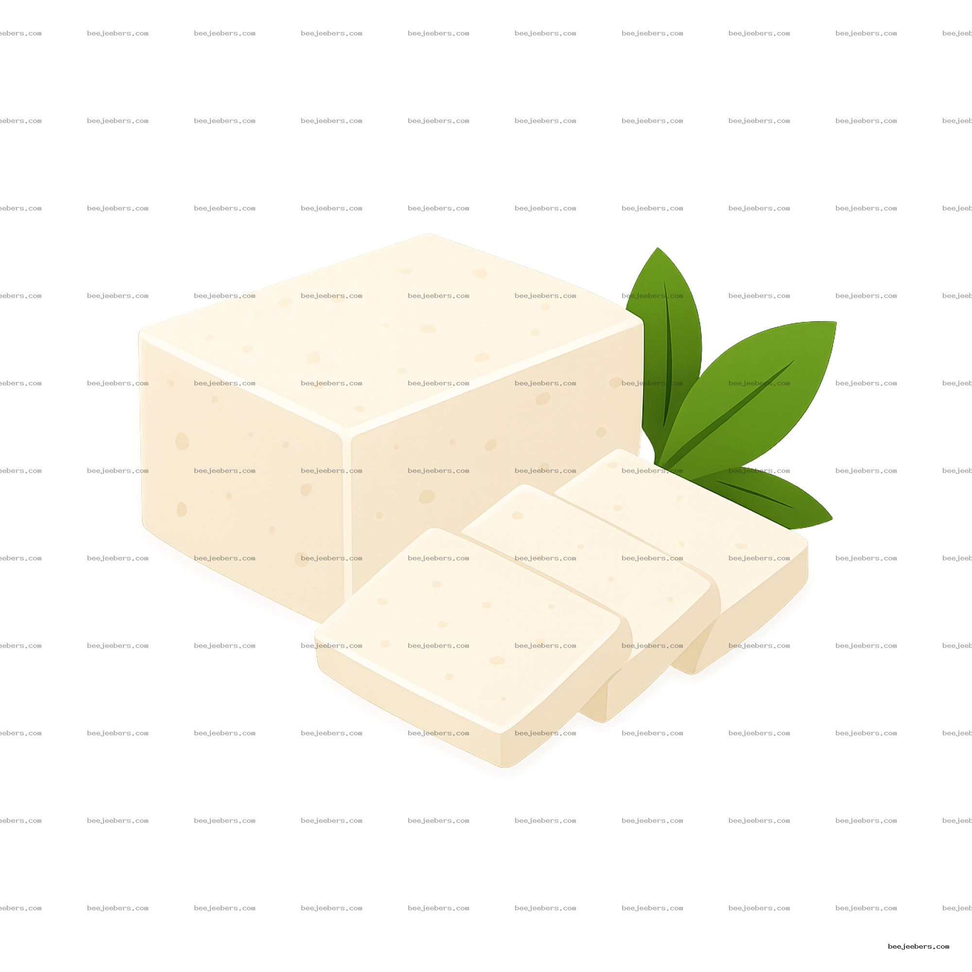 Clean vector illustration of beige block tofu with three sliced pieces and green leaves on transparent background