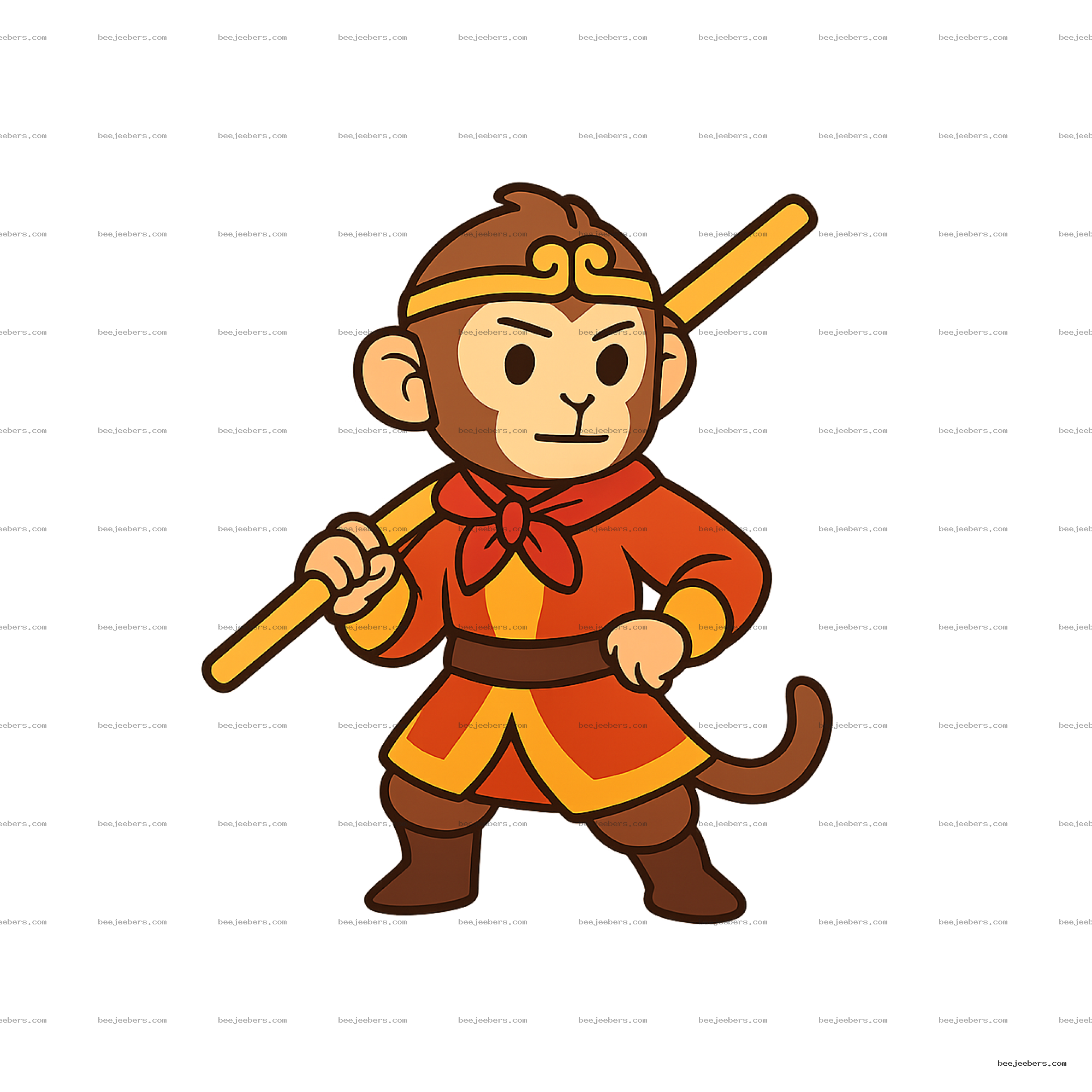 Cartoon monkey character in red and yellow outfit holding staff PNG with transparent background