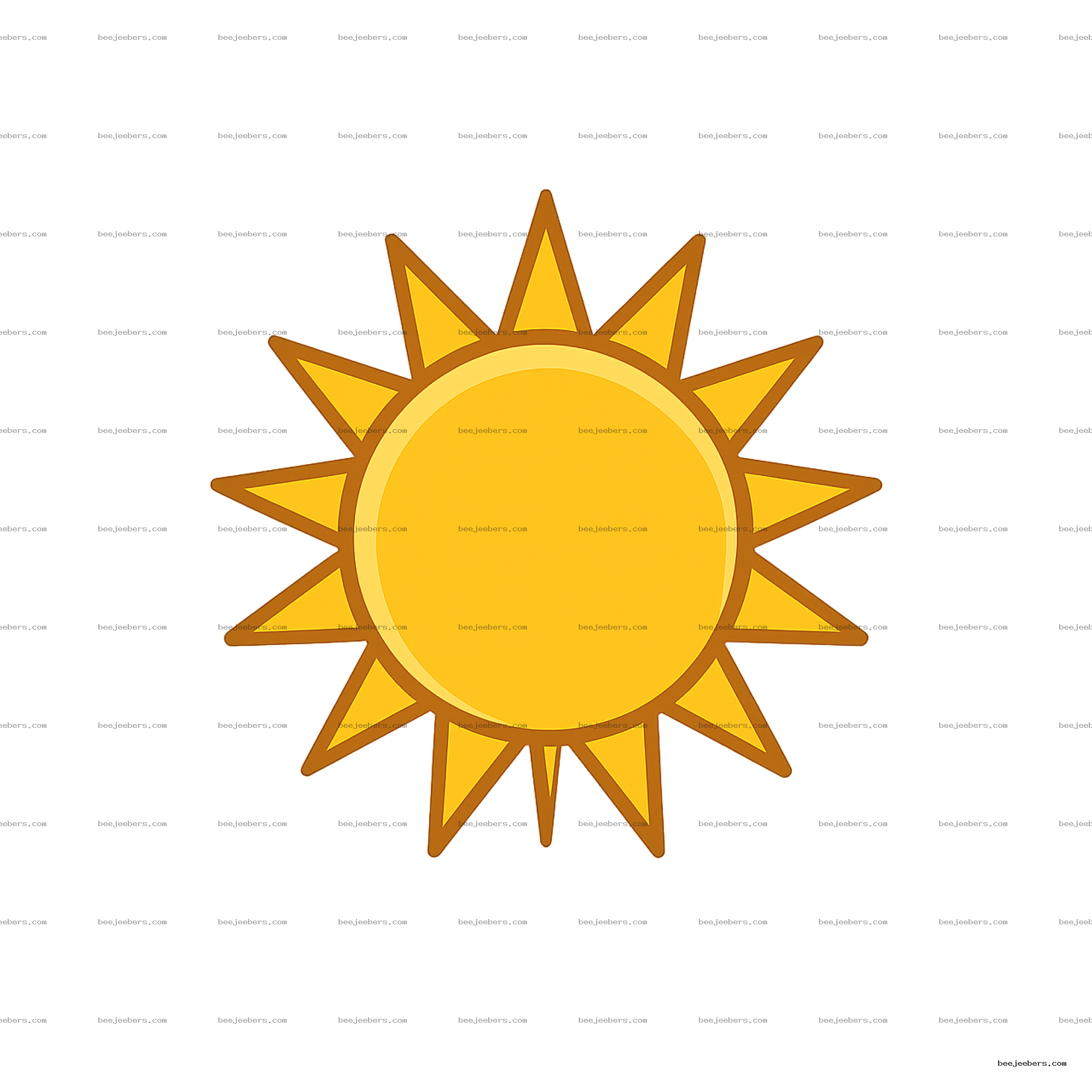 Bright yellow sun icon with pointed rays and transparent background in clean vector style