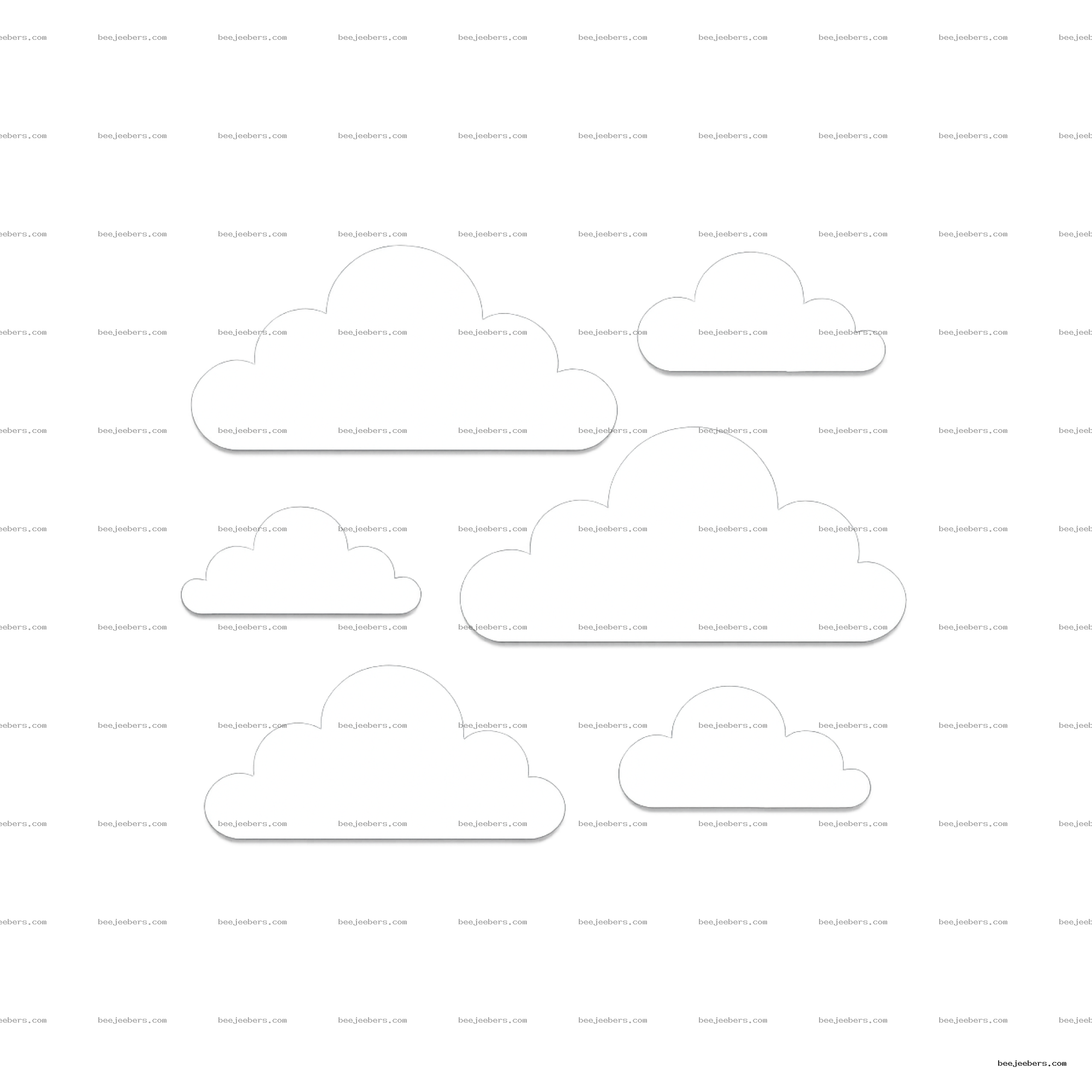 Clean vector style white cloud shapes with drop shadows on transparent background