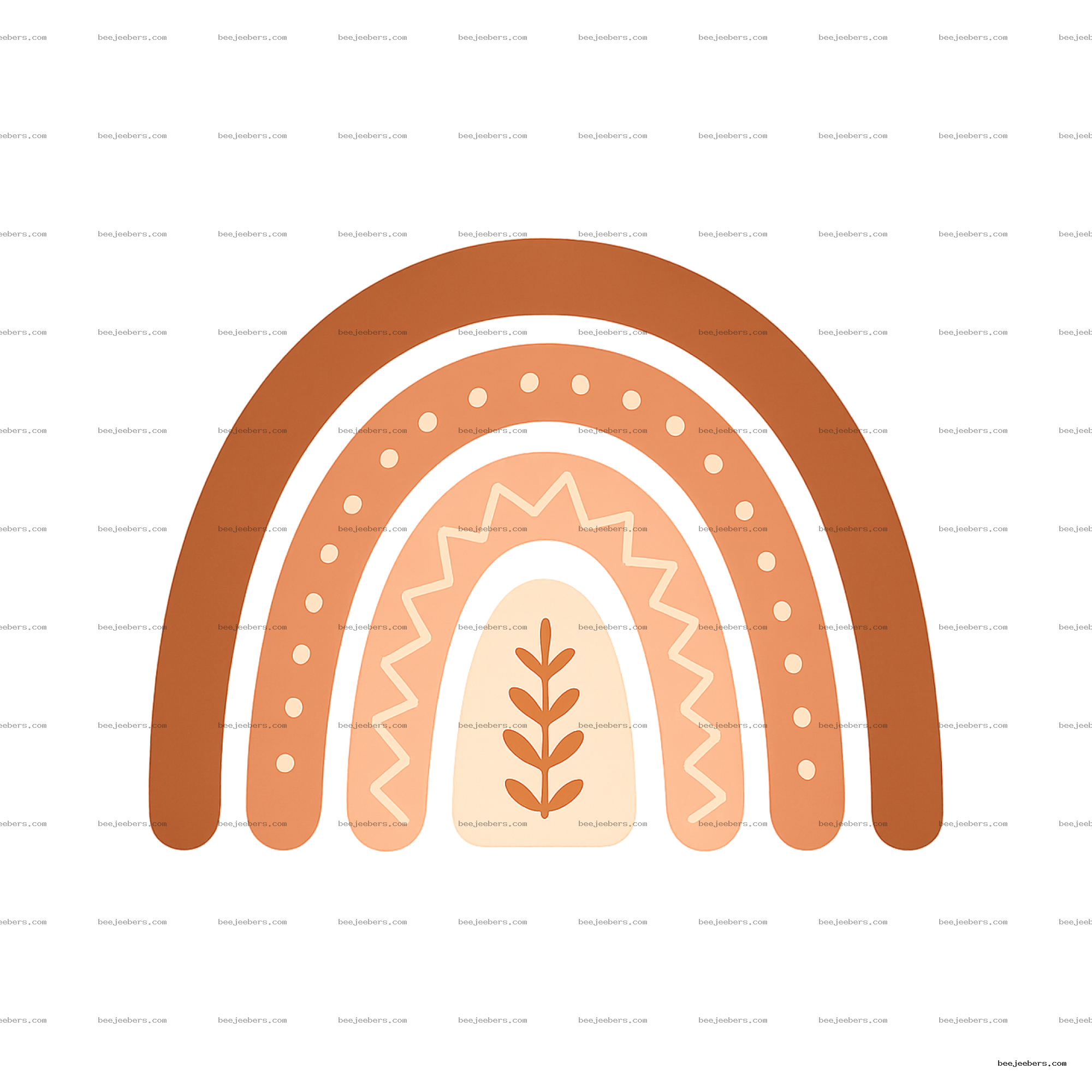 Minimalist boho rainbow with warm brown and peach tones decorated with dots and leaf motif, transparent PNG