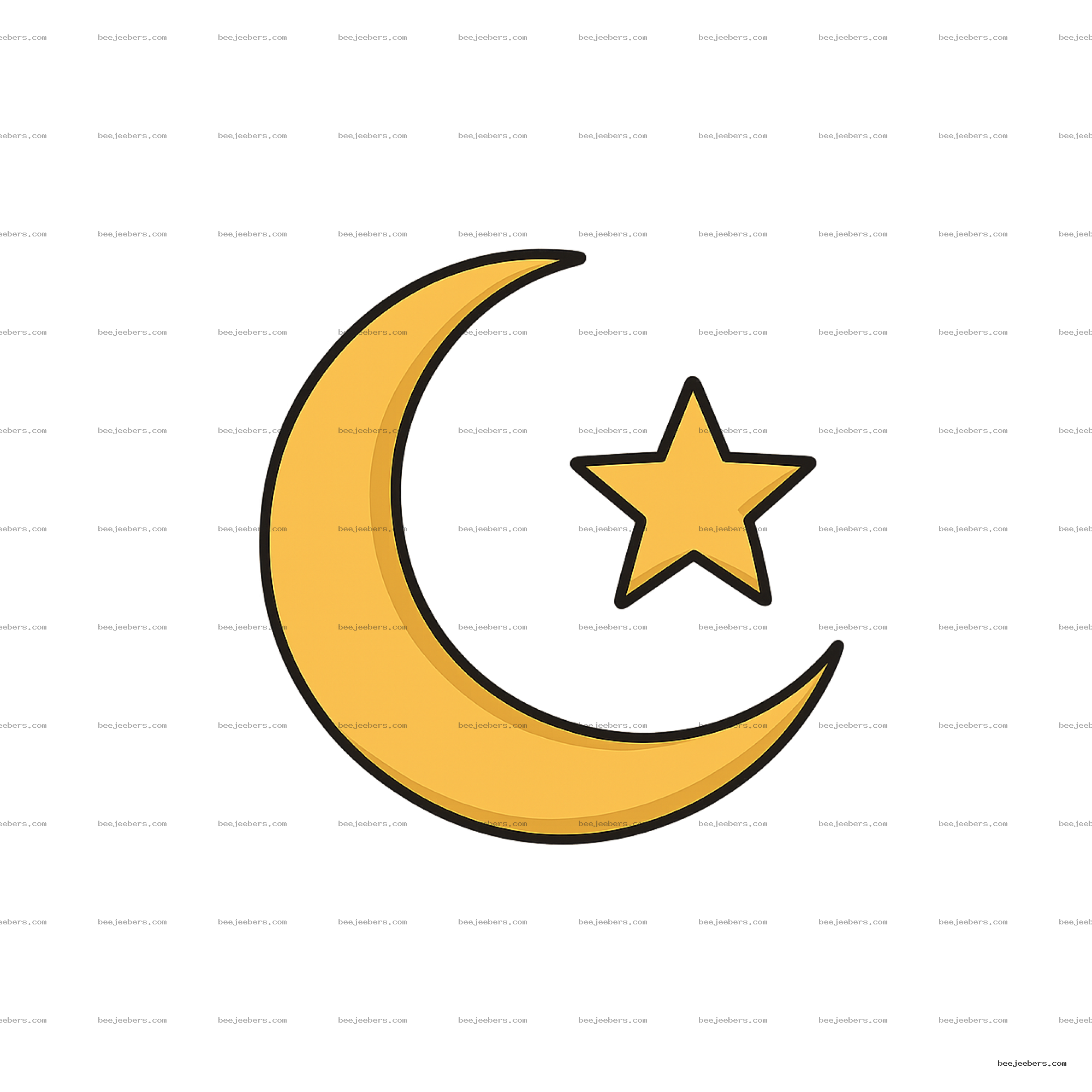 Golden crescent moon and five-pointed star Islamic symbol with transparent background