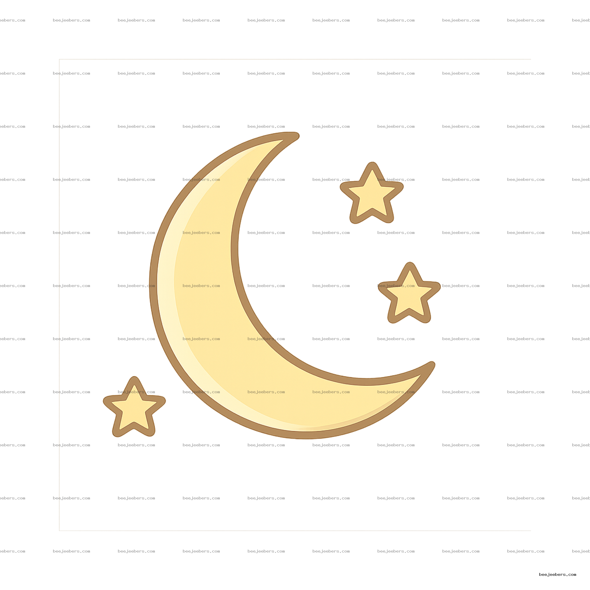 Vector crescent moon and five stars in yellow with brown outlines on transparent background