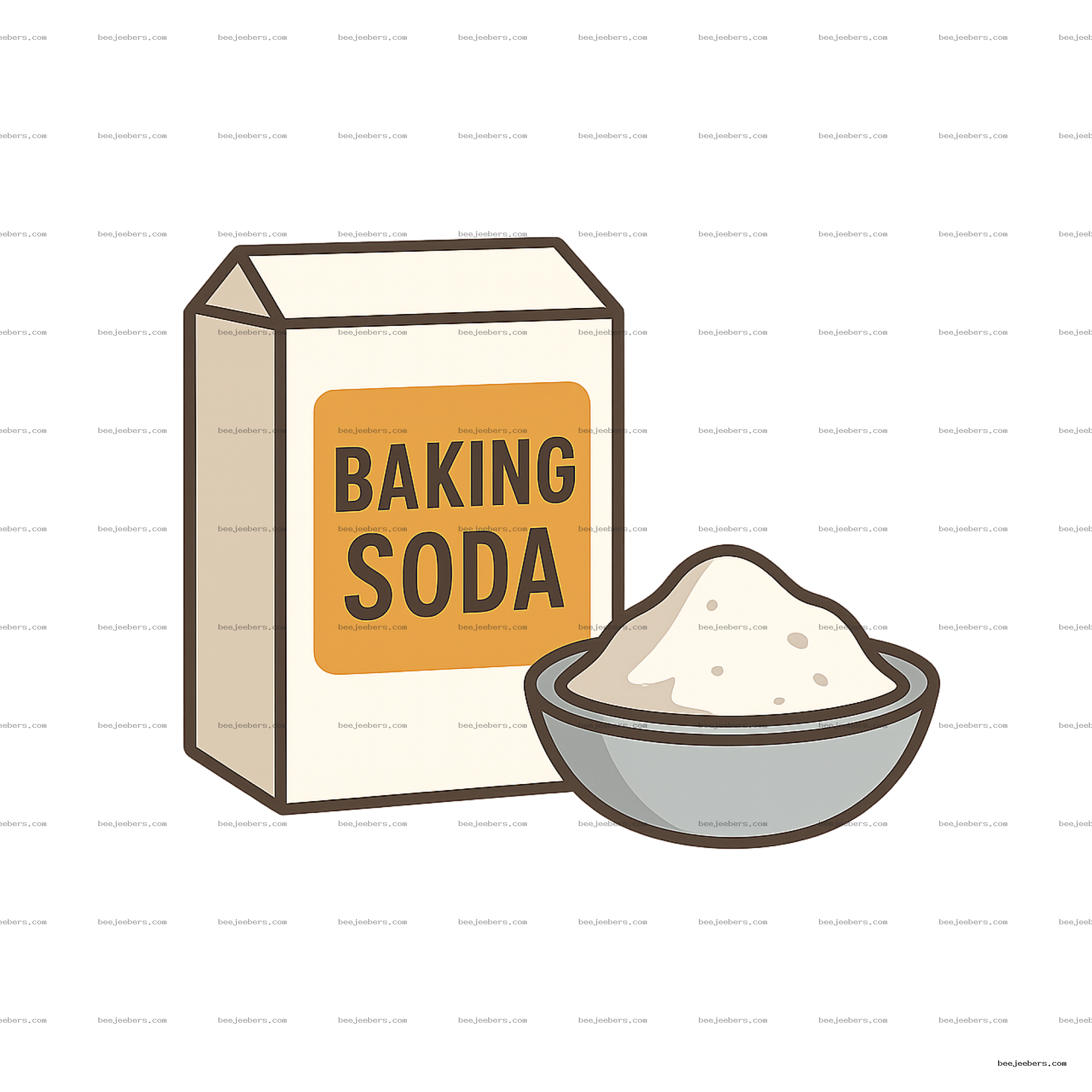 Vector illustration of a box labeled baking soda next to a bowl of white powder on transparent background