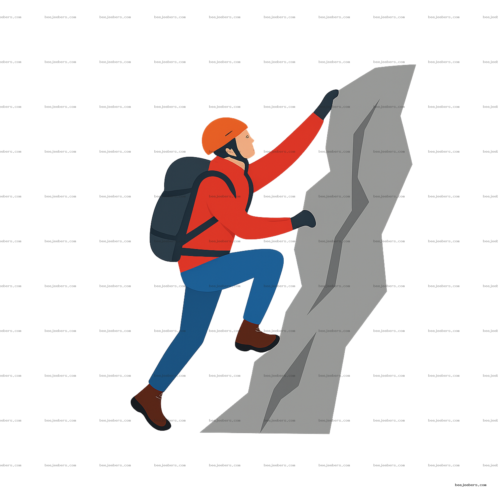 Vector illustration of a person climbing a steep rocky cliff wearing red jacket and orange helmet
