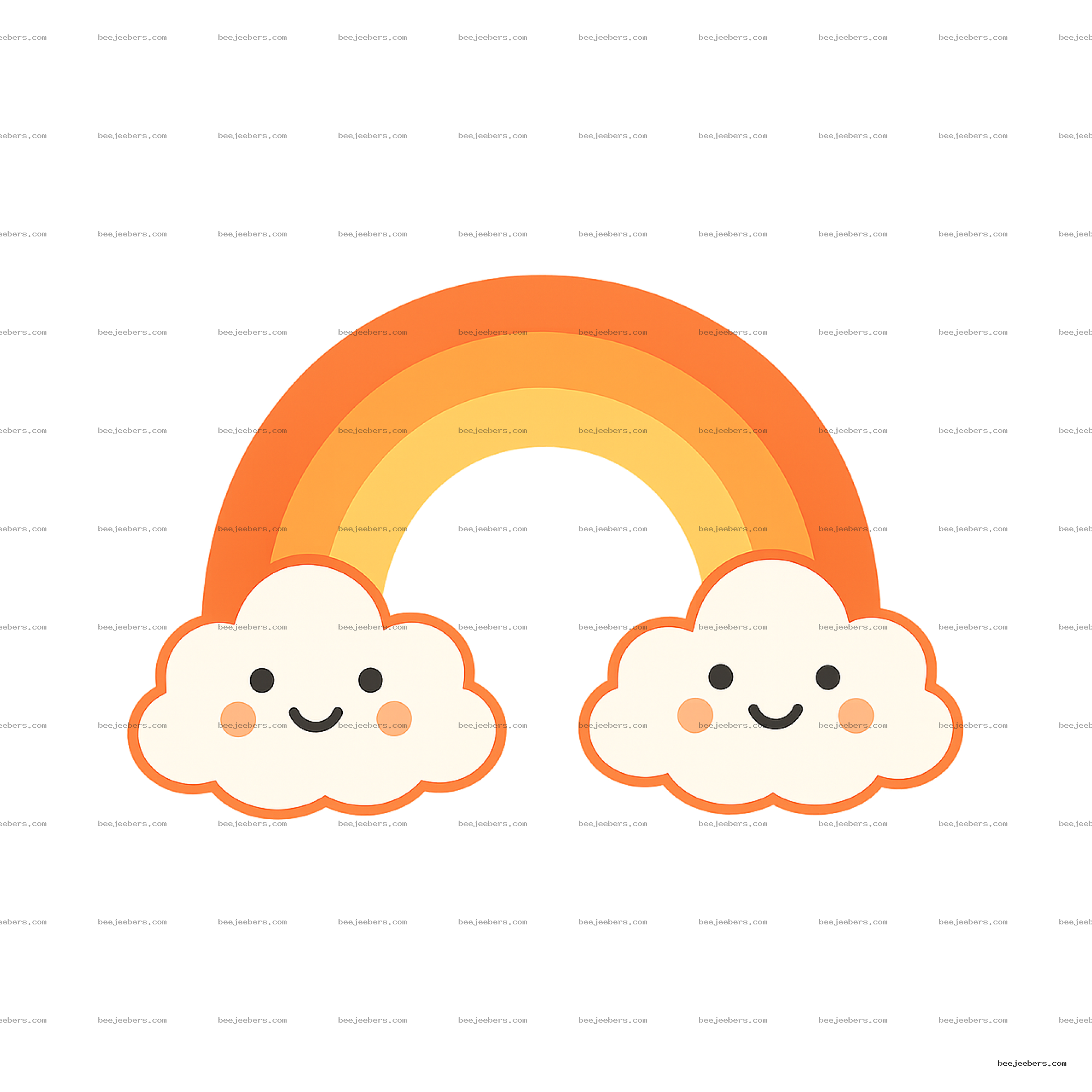 Orange rainbow with smiling cartoon clouds in clean vector style on transparent background