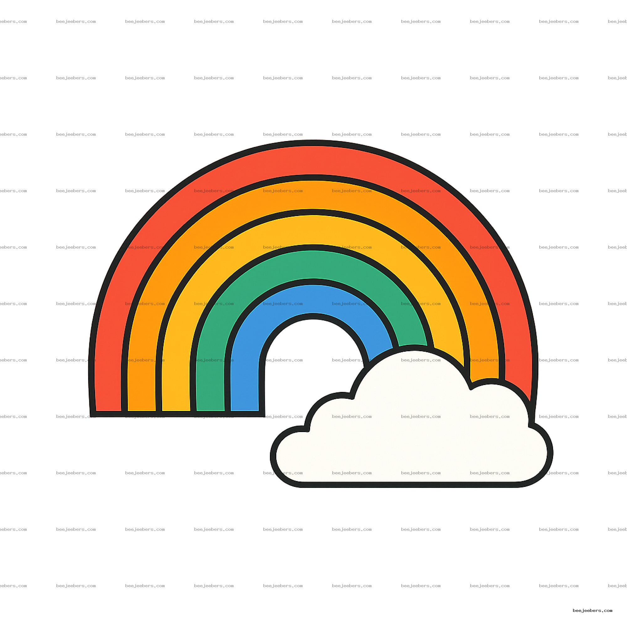 Clean vector illustration of a rainbow with colorful arcs and a white cloud on a transparent background