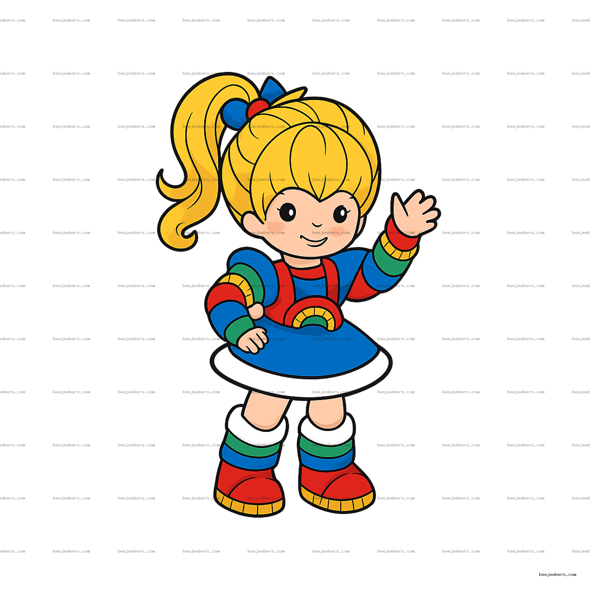 Vector clipart of a smiling girl with blonde ponytail wearing a colorful rainbow outfit