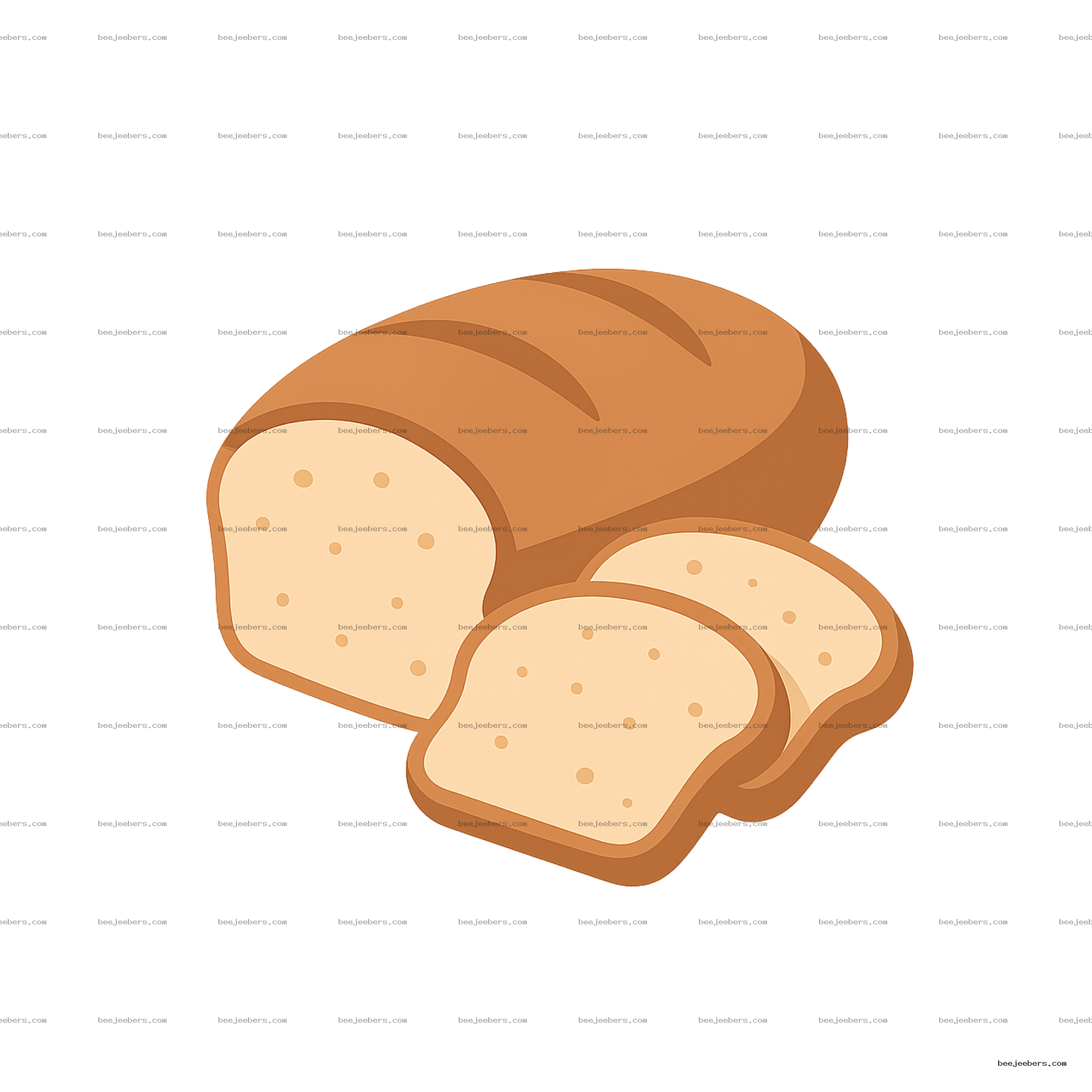 Vector illustration of a whole loaf of bread with three slices, showing crust and light interior on transparent background