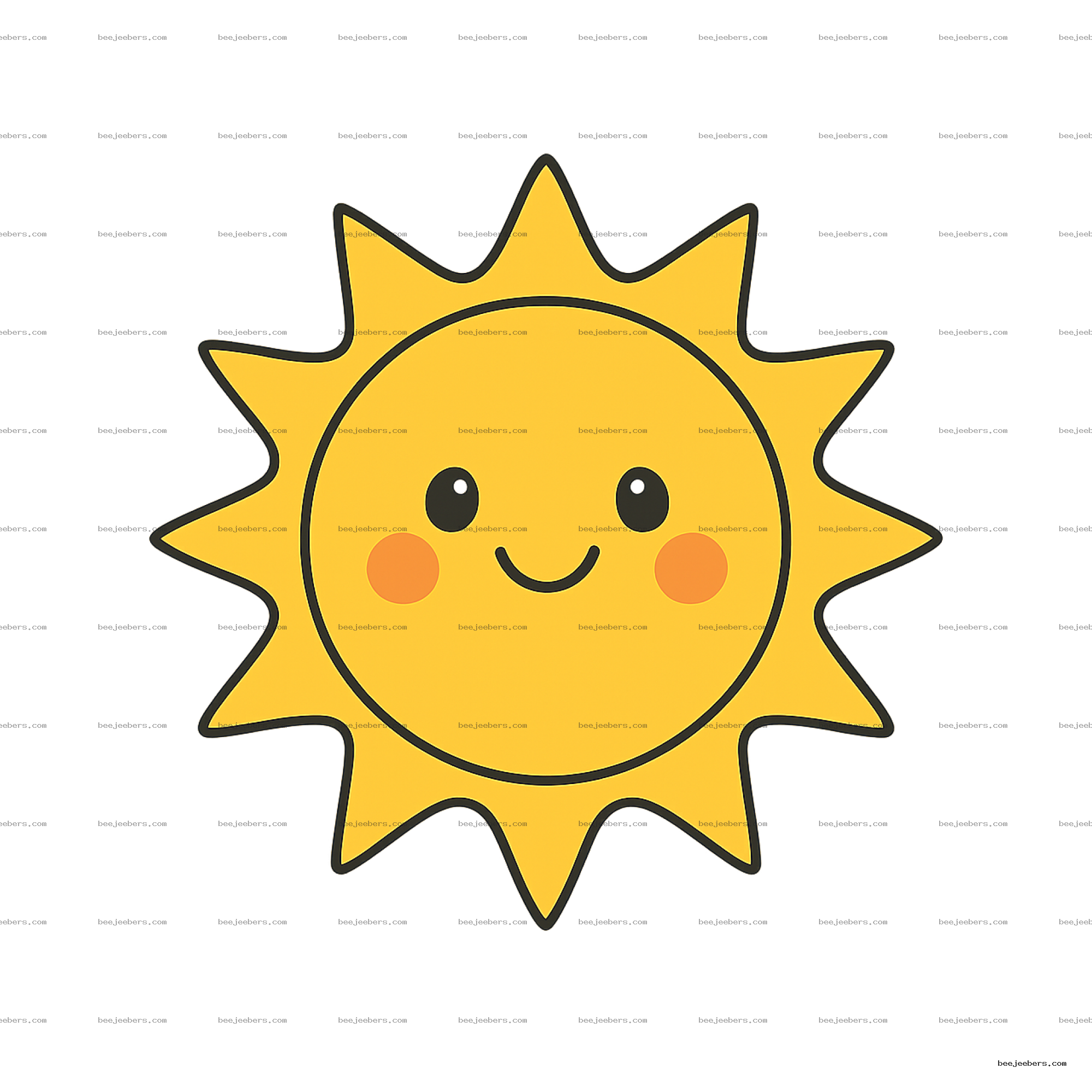 Bright yellow cartoon sun with smiling face and orange cheeks on transparent background