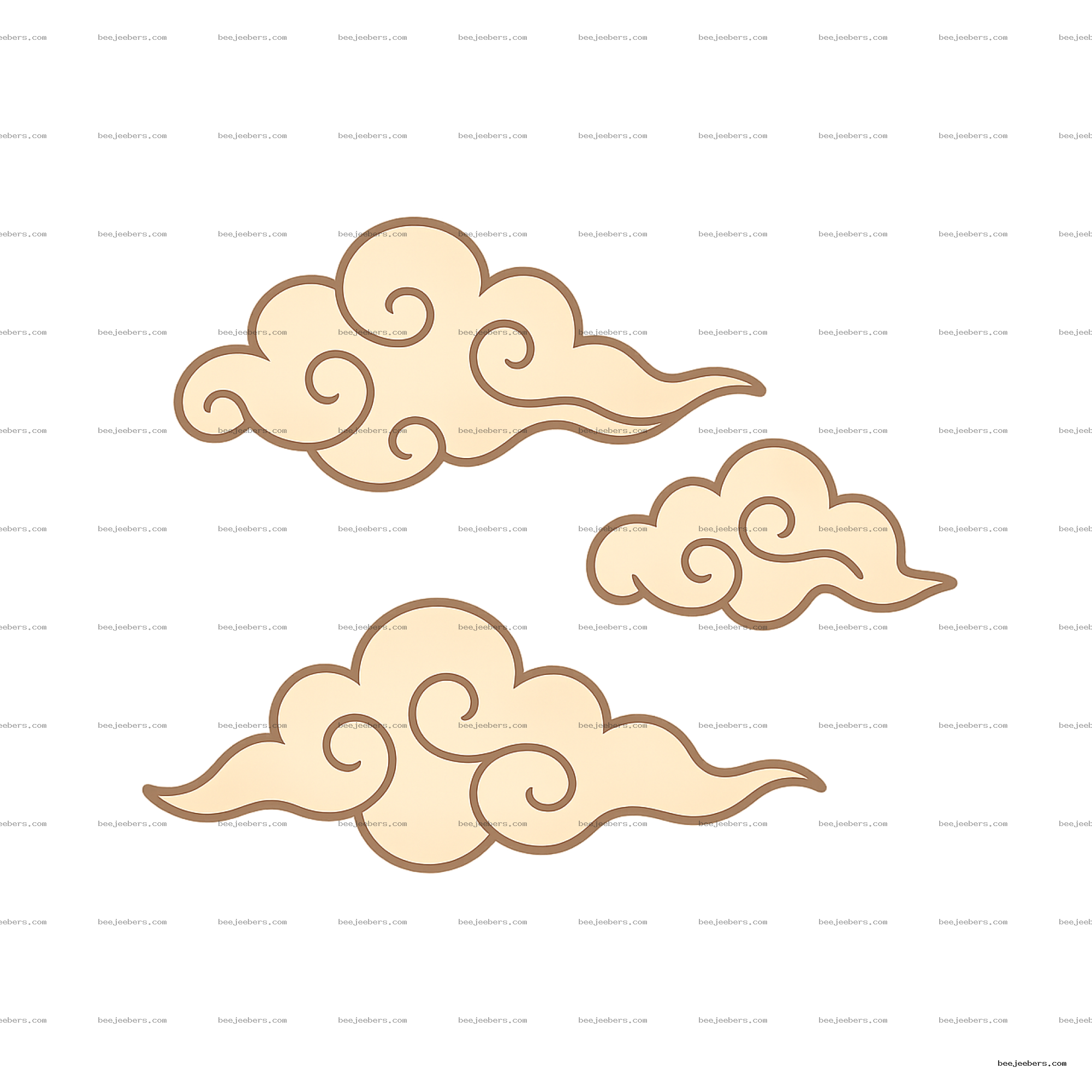 Clean vector Japanese style swirling clouds clipart in beige with brown outlines on transparent background