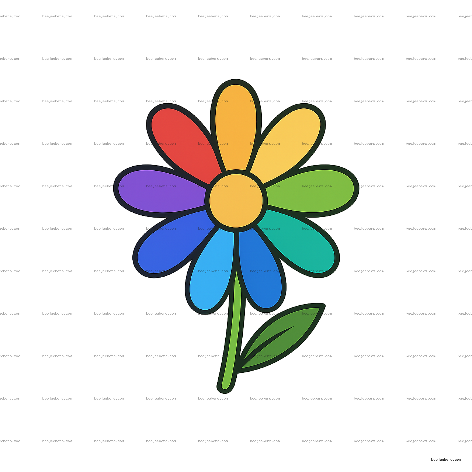 Bright rainbow flower vector with seven colorful petals and green stem on transparent background