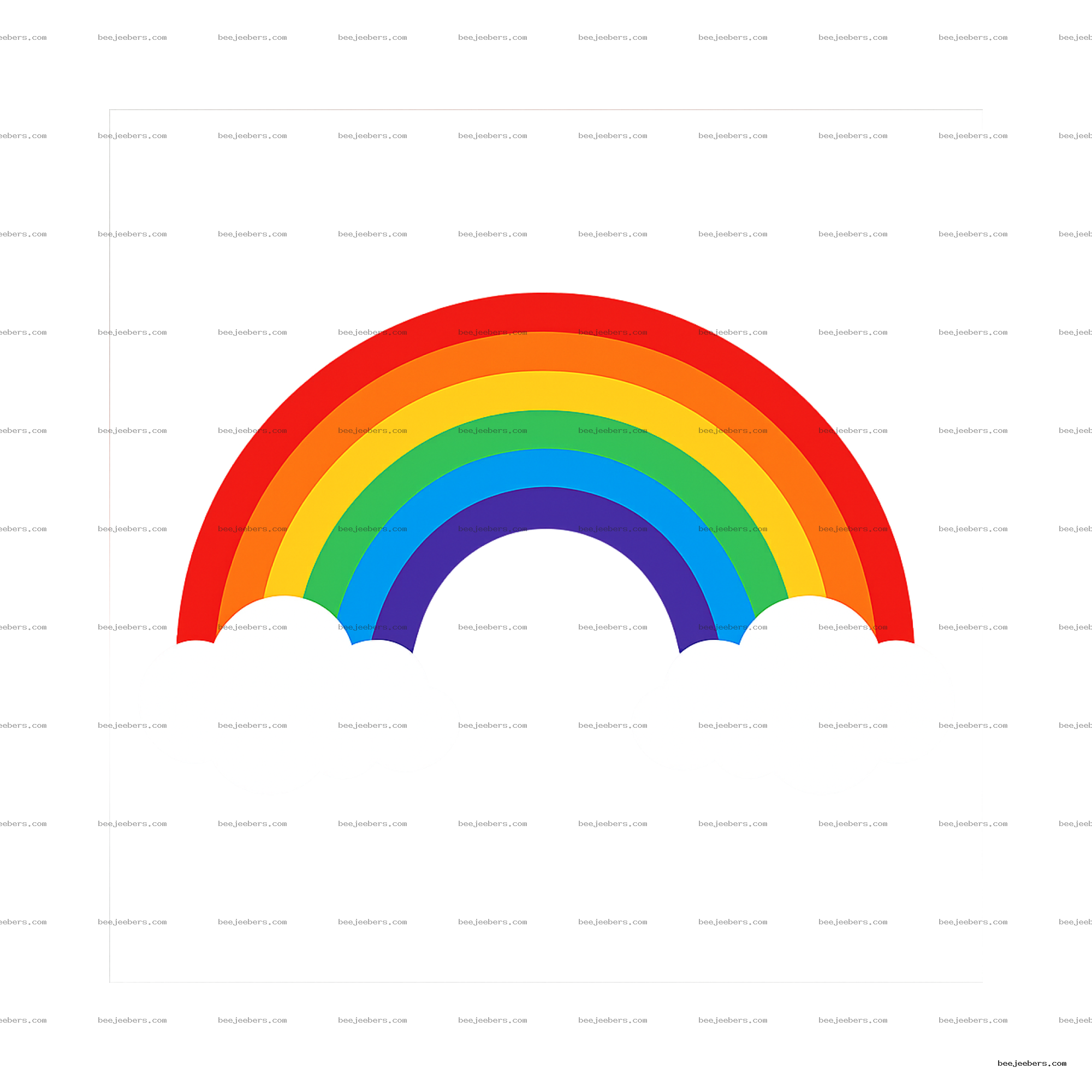 Clean vector rainbow with seven vibrant colored arcs and white clouds on transparent background