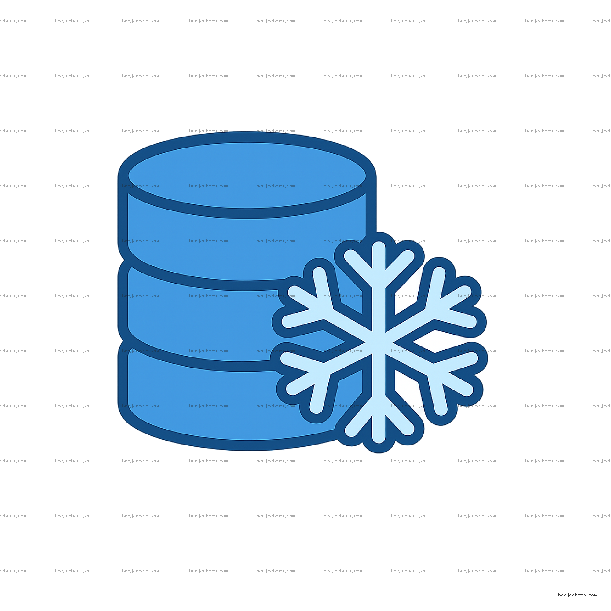 Blue database cylinder icon with snowflake symbol on transparent background
