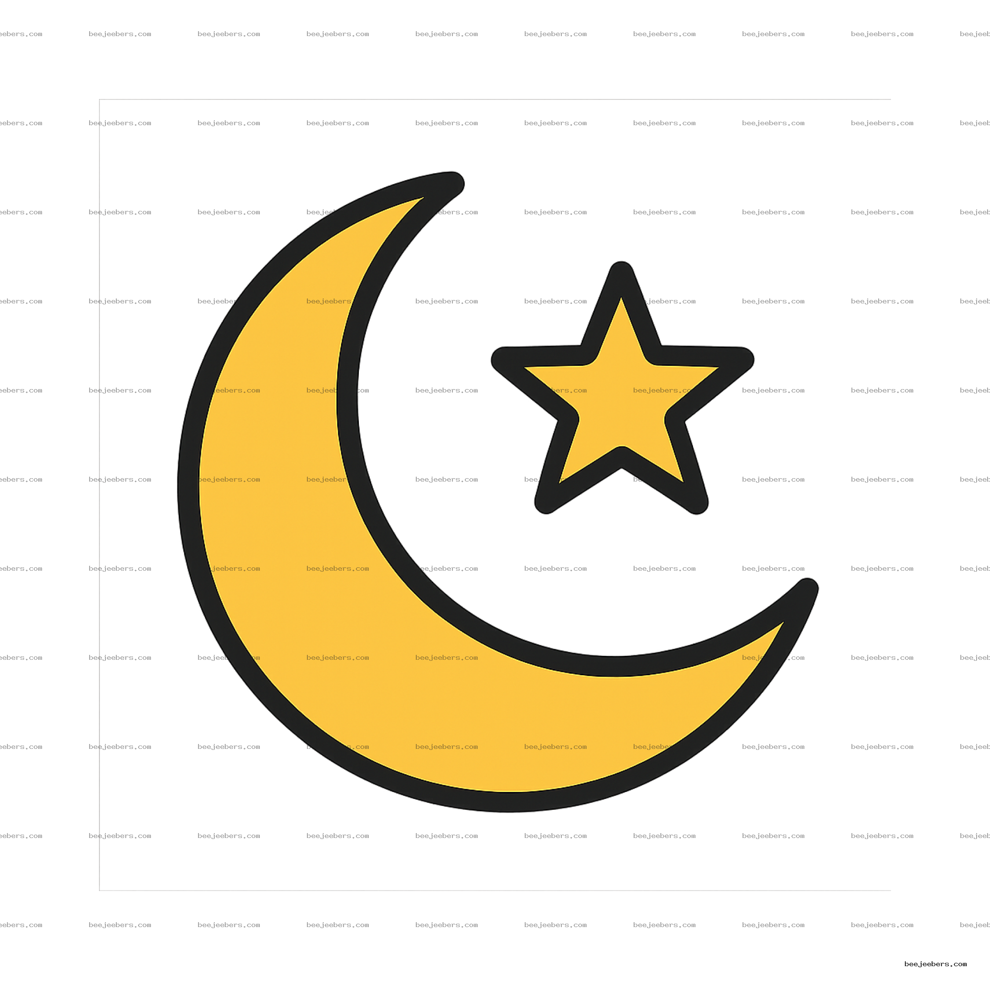Yellow crescent moon and star clipart with black outline and transparent background
