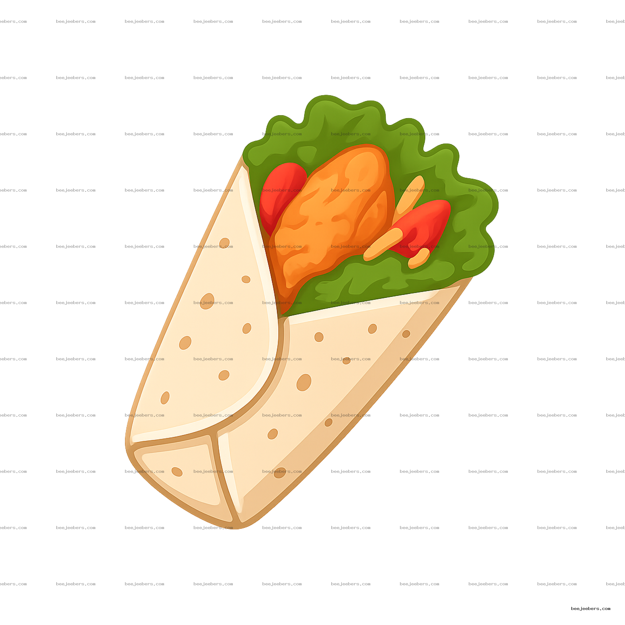 Clean vector PNG of a chicken wrap with lettuce, tomato, and cheese on transparent background