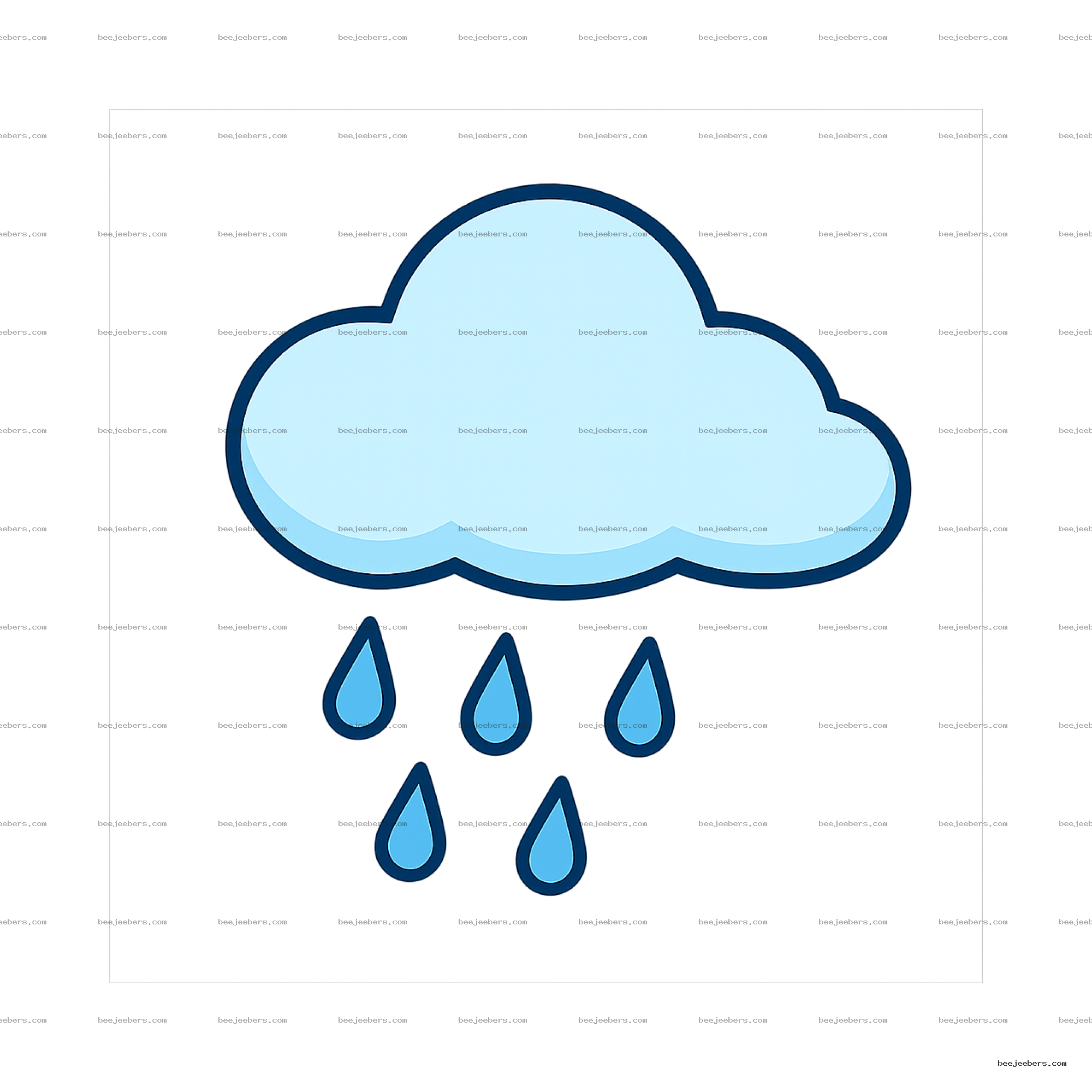 Light blue rain cloud with six blue raindrops in clean vector style on transparent background