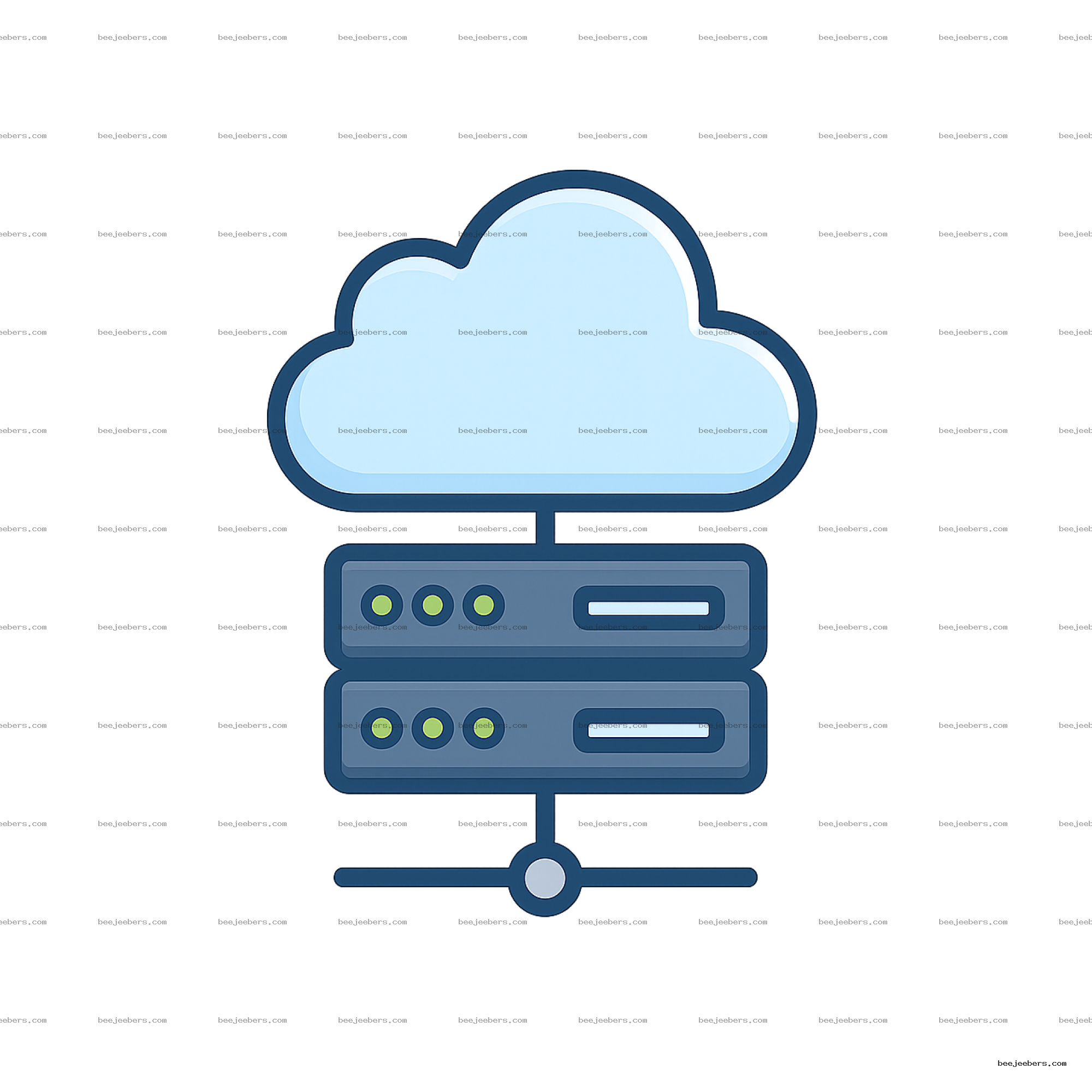 Blue cloud server icon with cloud shape and connected server units in clean vector style on transparent background