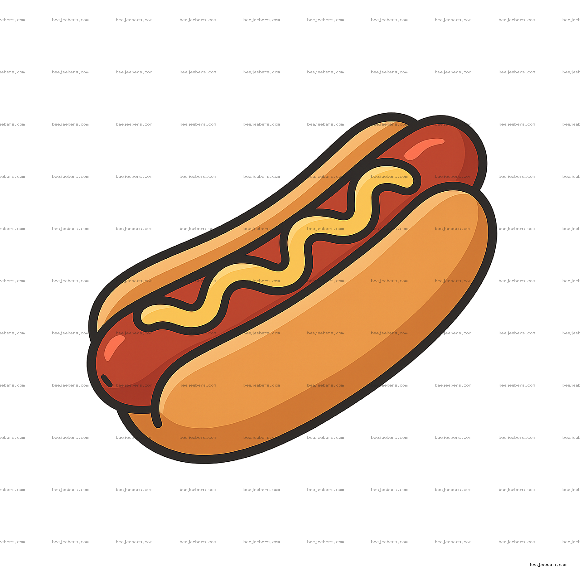 Clean vector illustration of a hotdog with mustard on a bun with transparent background
