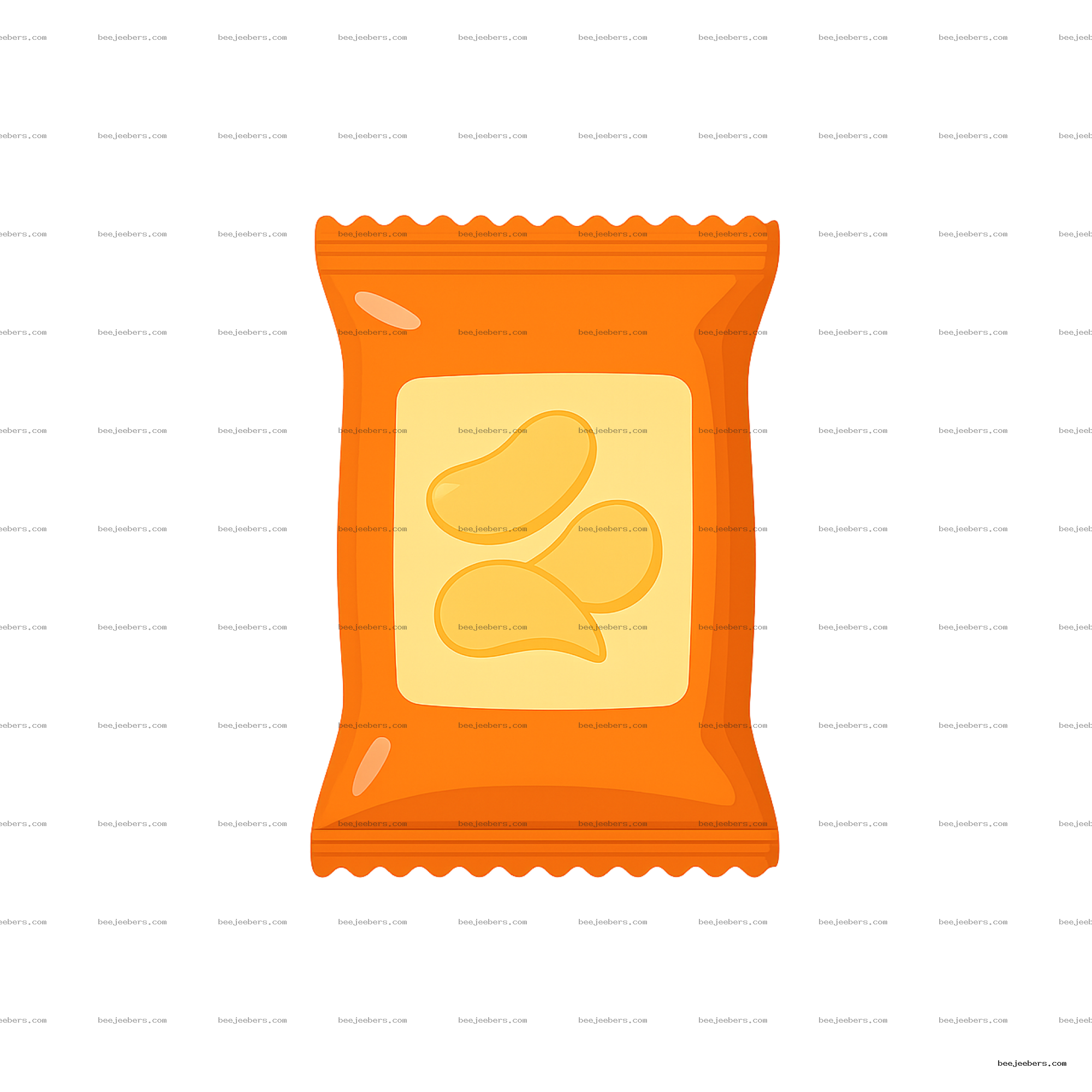 Clean vector orange chip bag with beige label and chip shapes on transparent background