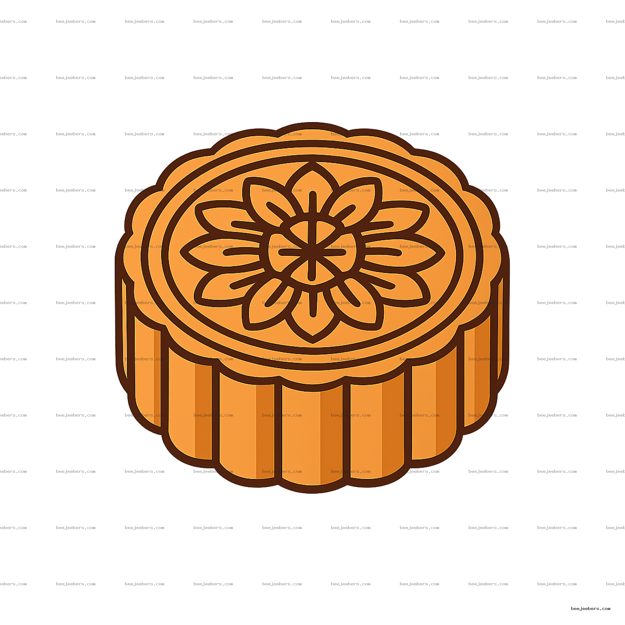 Vector clipart of a round moon cake with floral design and scalloped edge in orange and brown colors