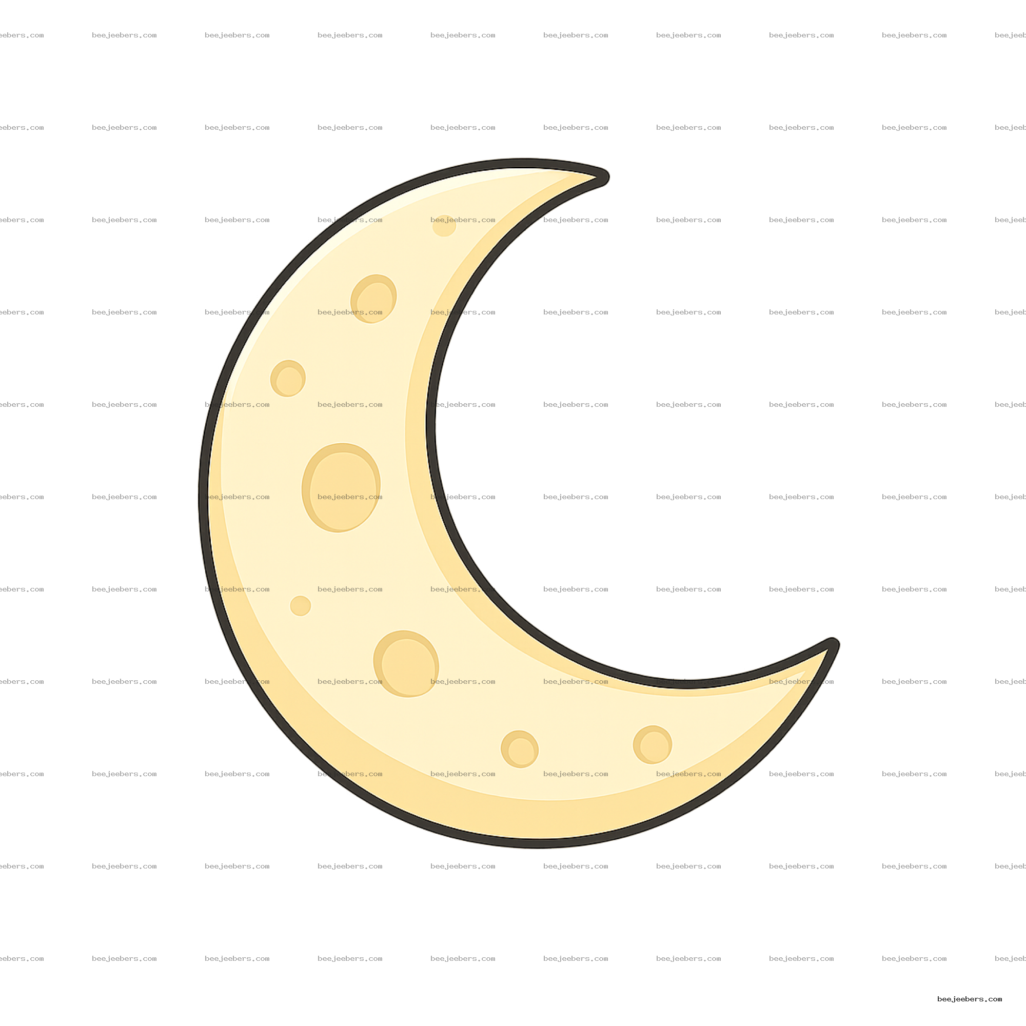 Clean vector crescent moon clipart with yellow tones and crater details on transparent background