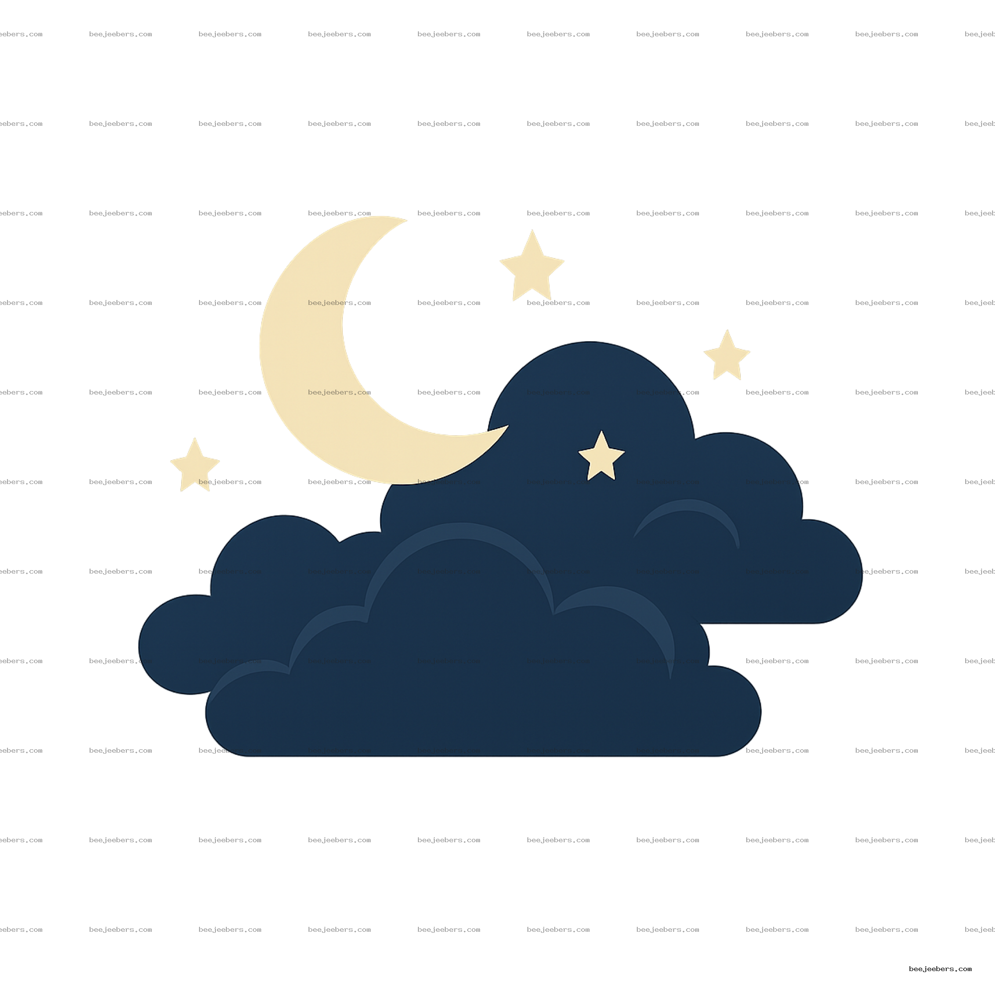 Clean vector PNG of a crescent moon, stars, and dark clouds on transparent background.