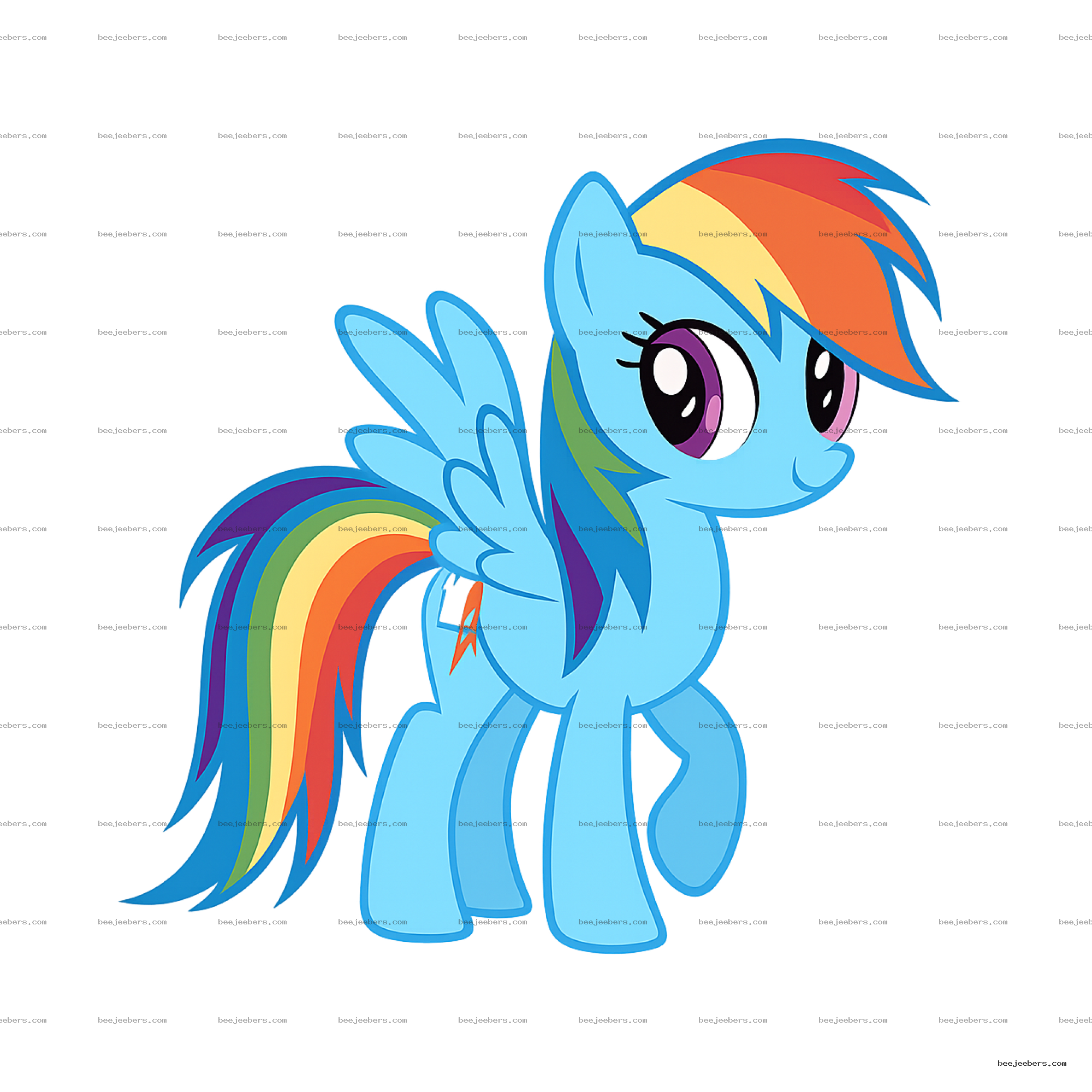 Bright blue cartoon pony with rainbow mane and tail in vector clipart style on transparent background