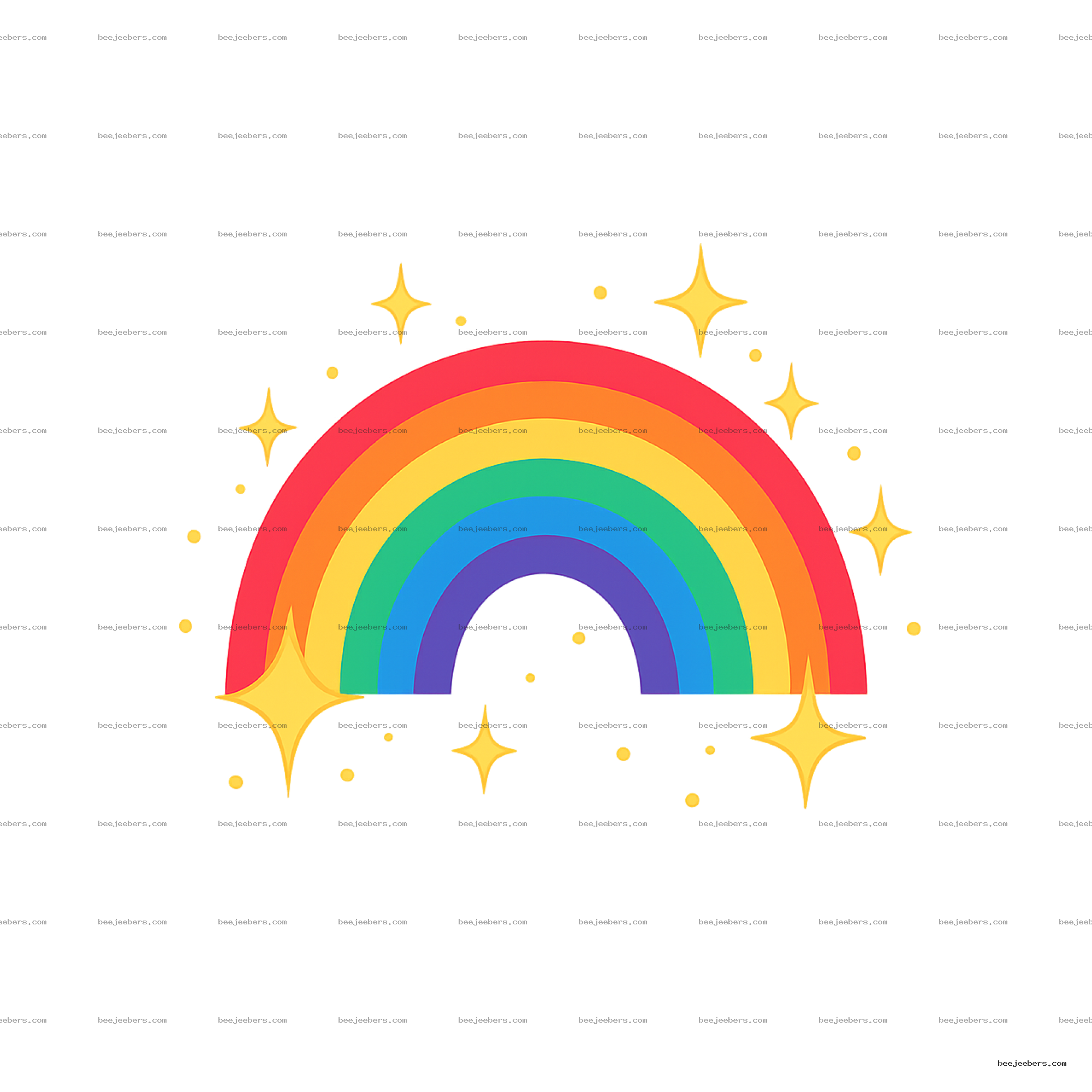 Clean vector rainbow with seven colors and yellow sparkling stars on transparent background