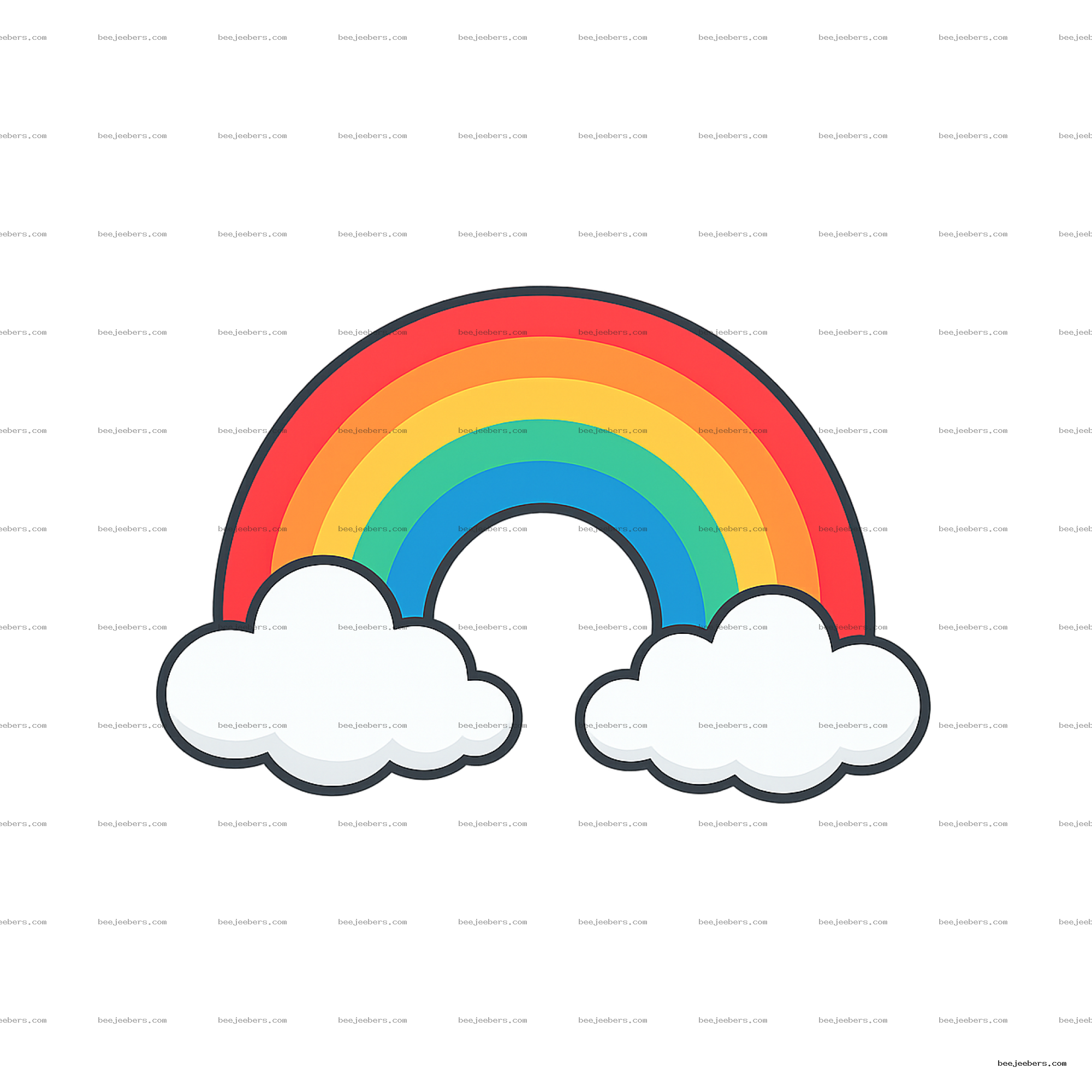 Colorful rainbow arch with two fluffy white clouds on transparent background vector PNG
