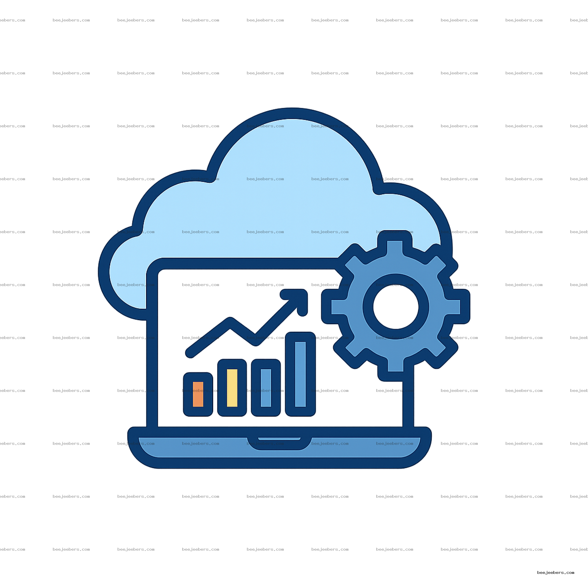 Vector icon of a blue cloud with a laptop showing rising analytics bars and a gear, symbolizing SaaS technology.