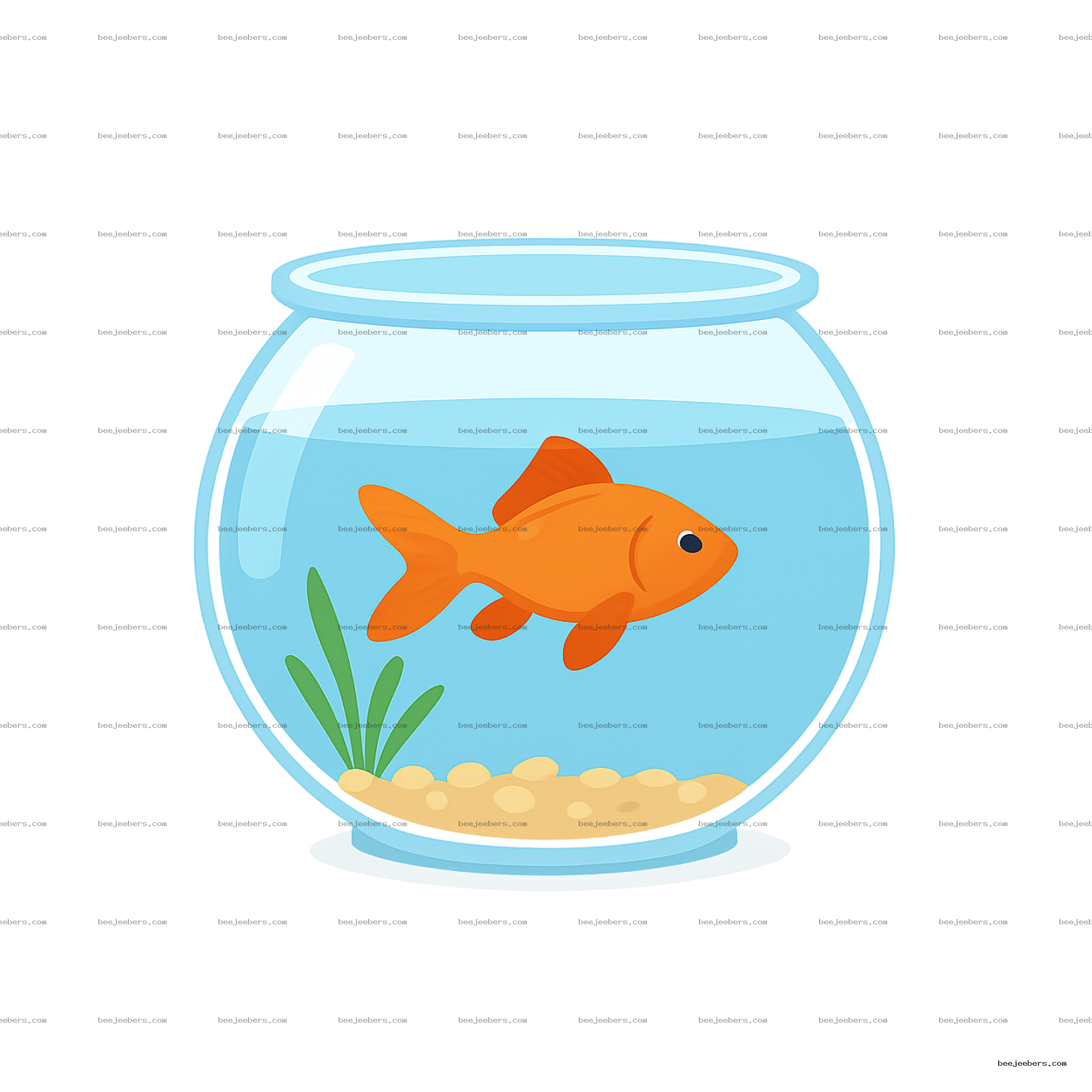Cartoon orange goldfish swimming inside a clear fishbowl with water and green plant