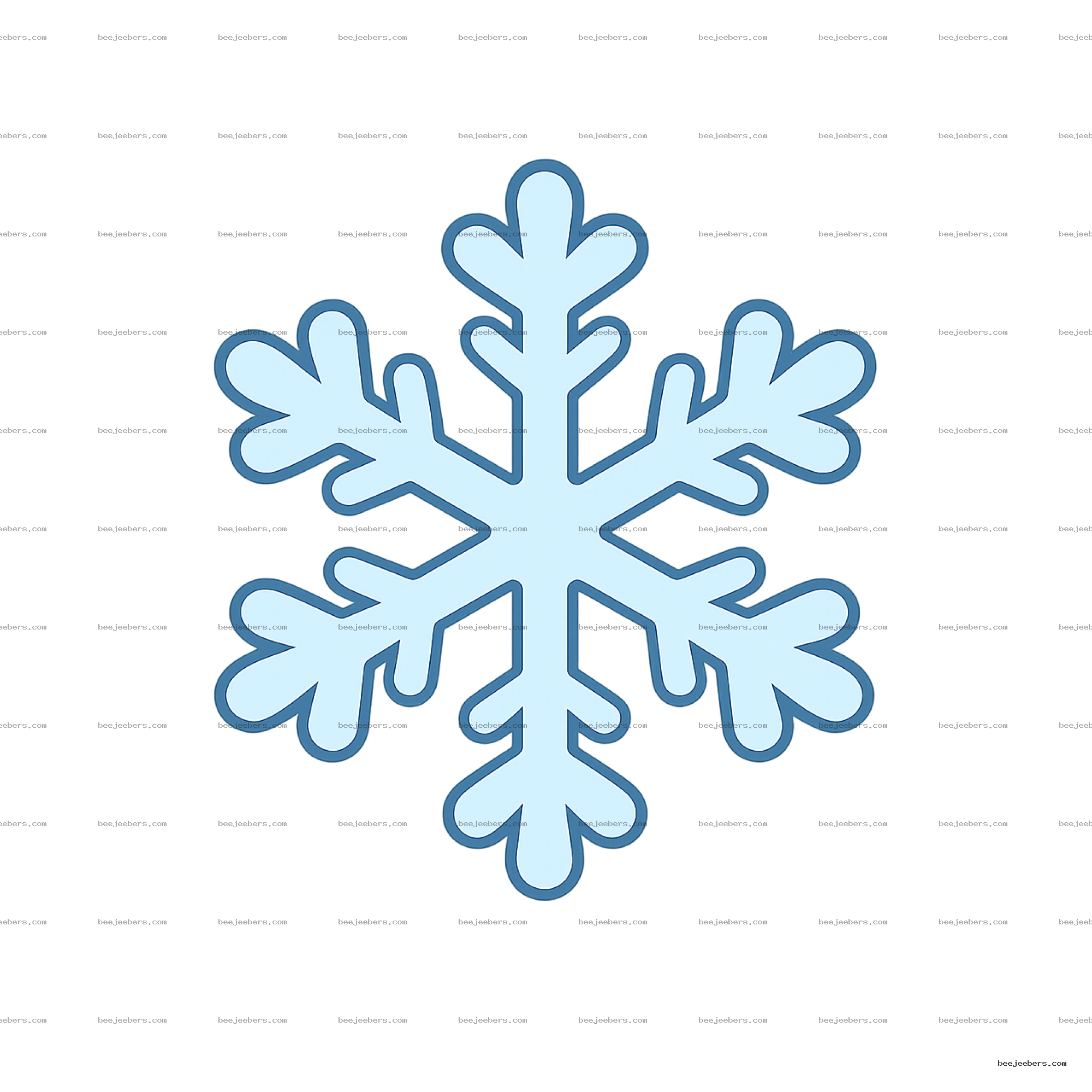 Light blue cartoon snowflake with rounded tips and dark blue outline on transparent background