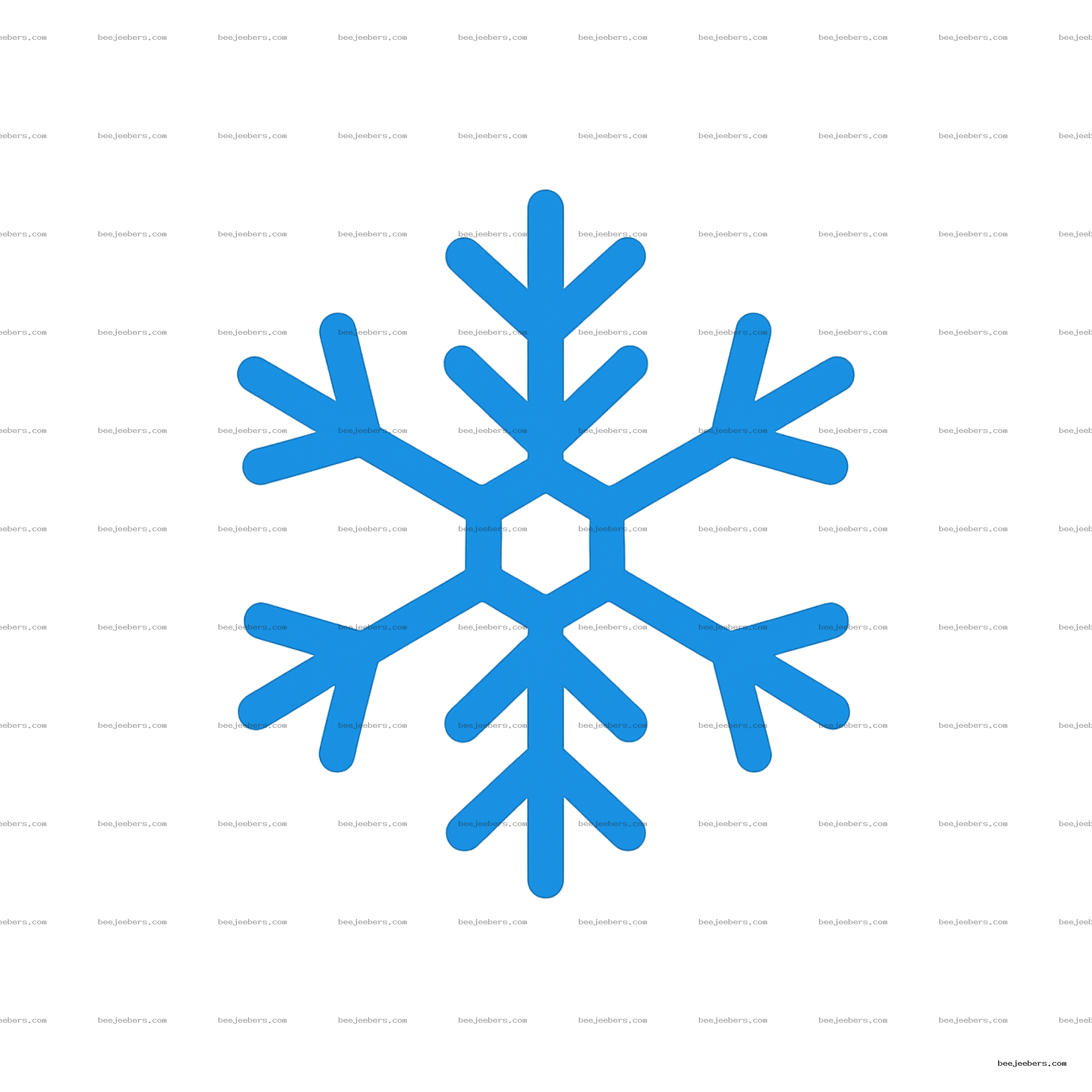 Blue vector snowflake icon with symmetrical branches on transparent background