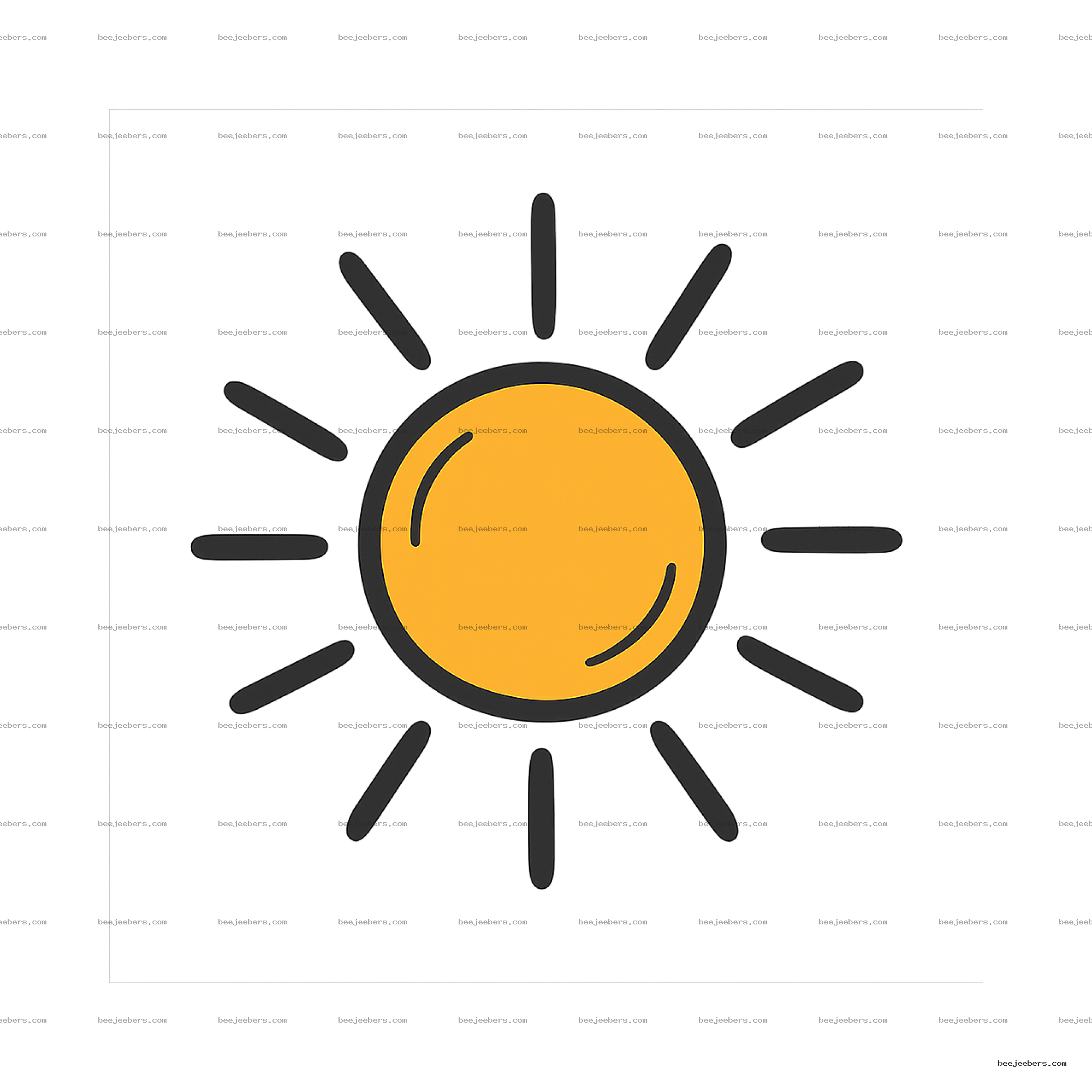 Bright yellow sun with black rounded rays in clean doodle style, transparent background