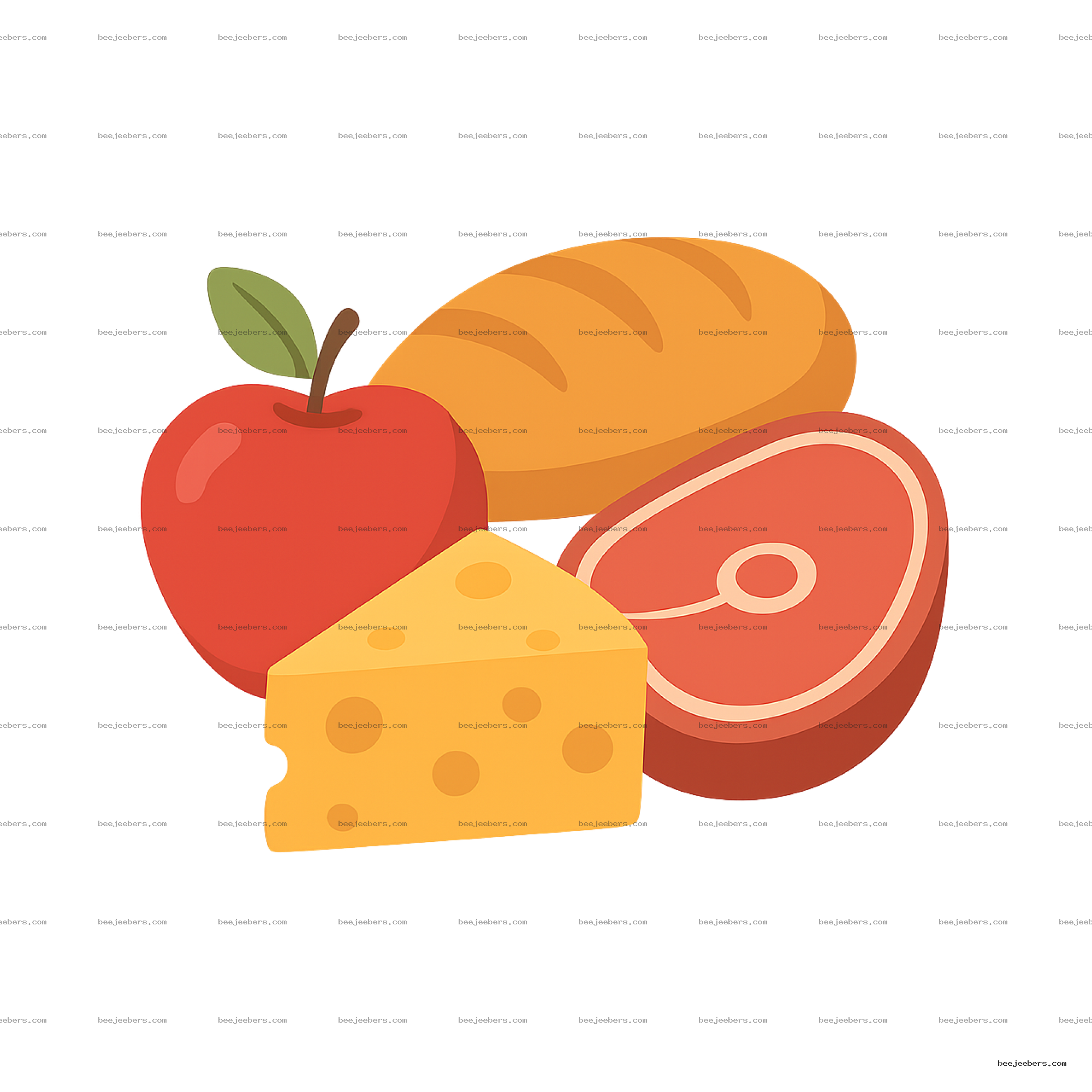Vector PNG of apple, bread loaf, cheese slice, and meat cut in clean style with transparent background
