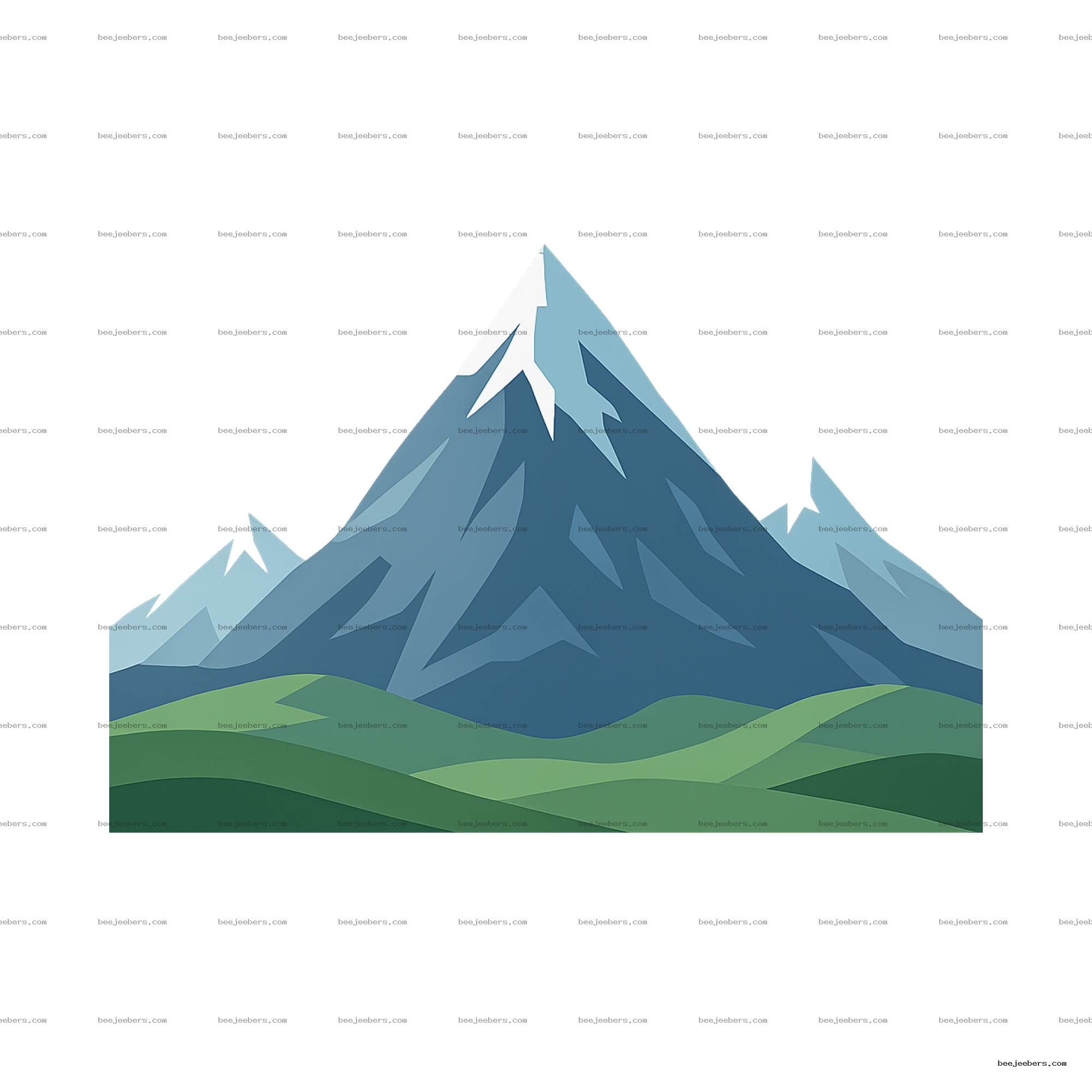 Vector image of a tall mountain with snow caps and green rolling hills on a transparent background