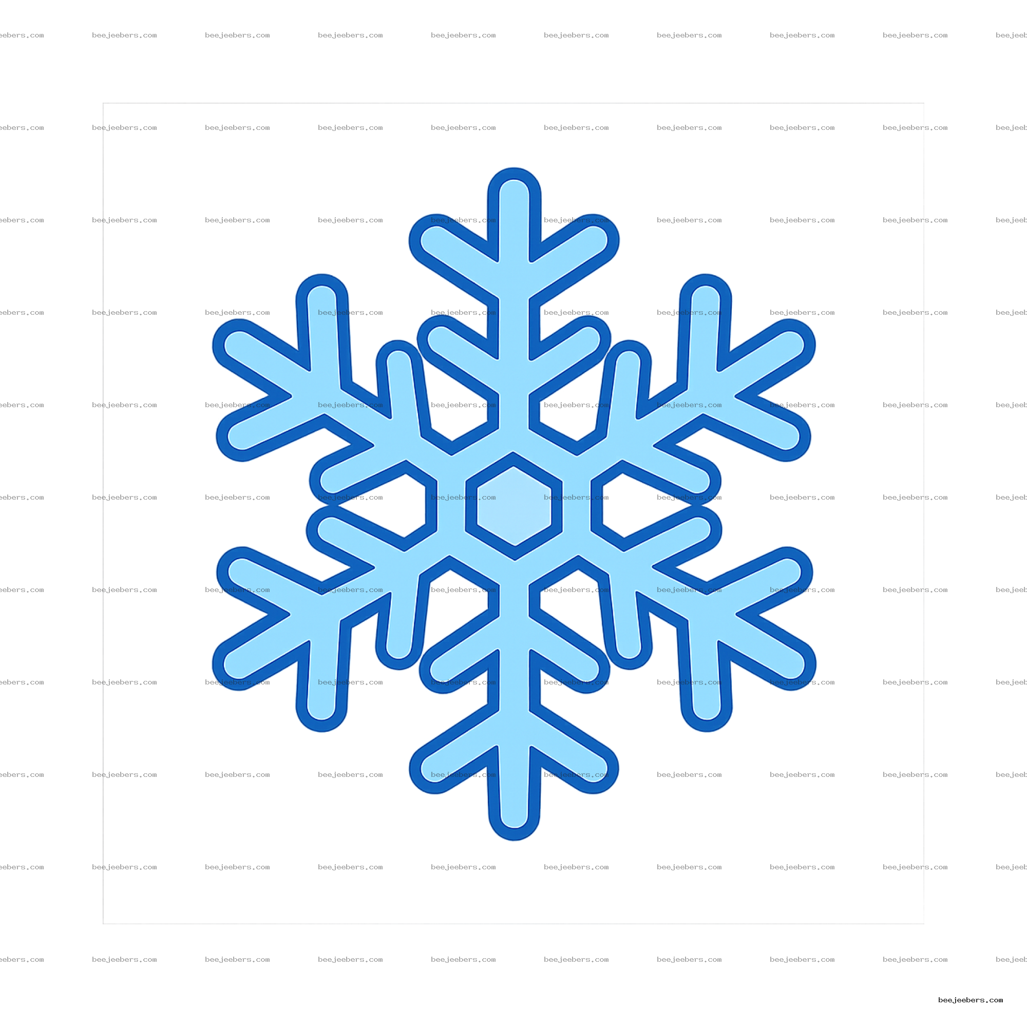 Bright blue cartoon snowflake with dark blue outline on transparent background