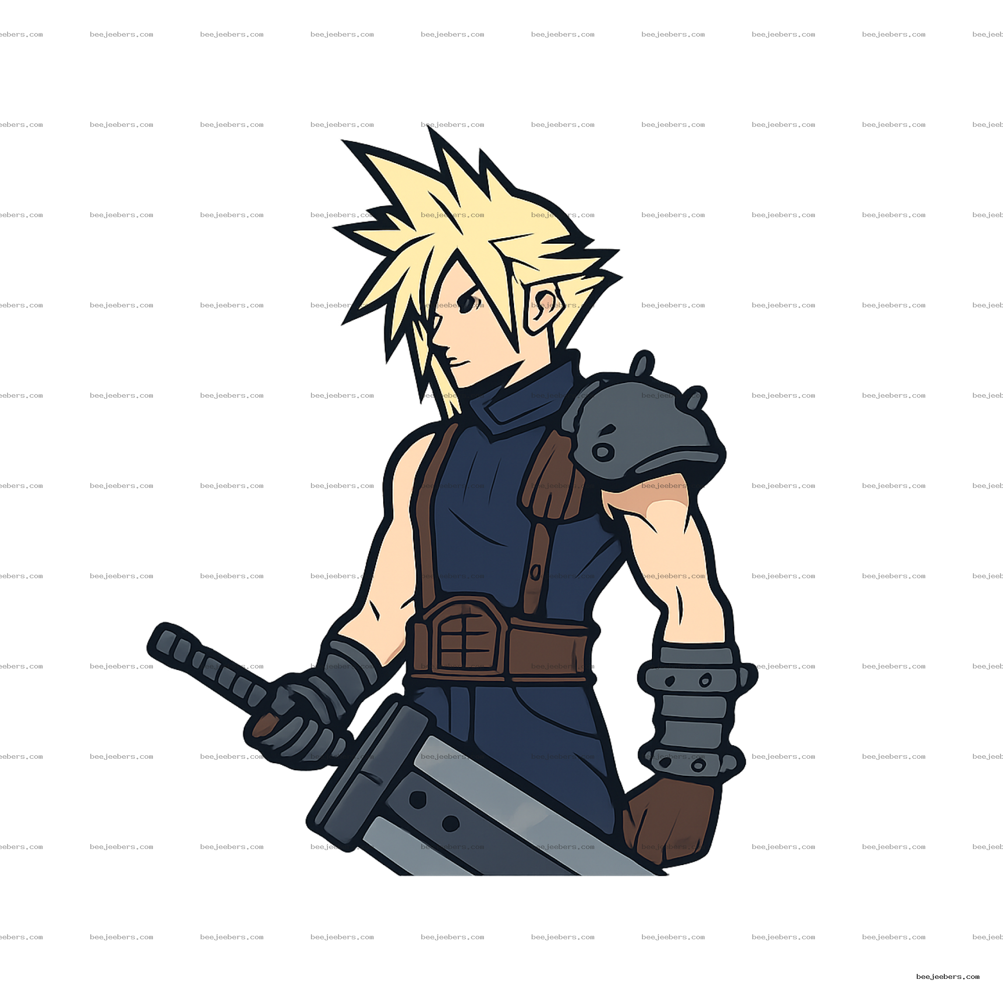 Clean vector illustration of male character with spiky blond hair and sword on transparent background