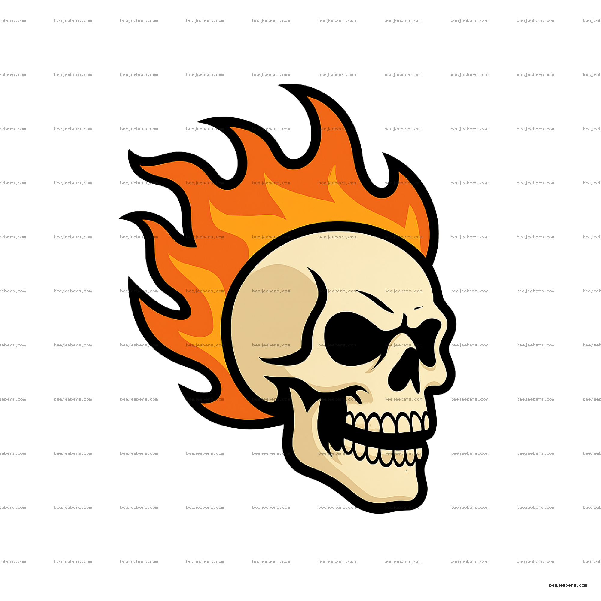 Vector flaming skull with orange and yellow flames on transparent background