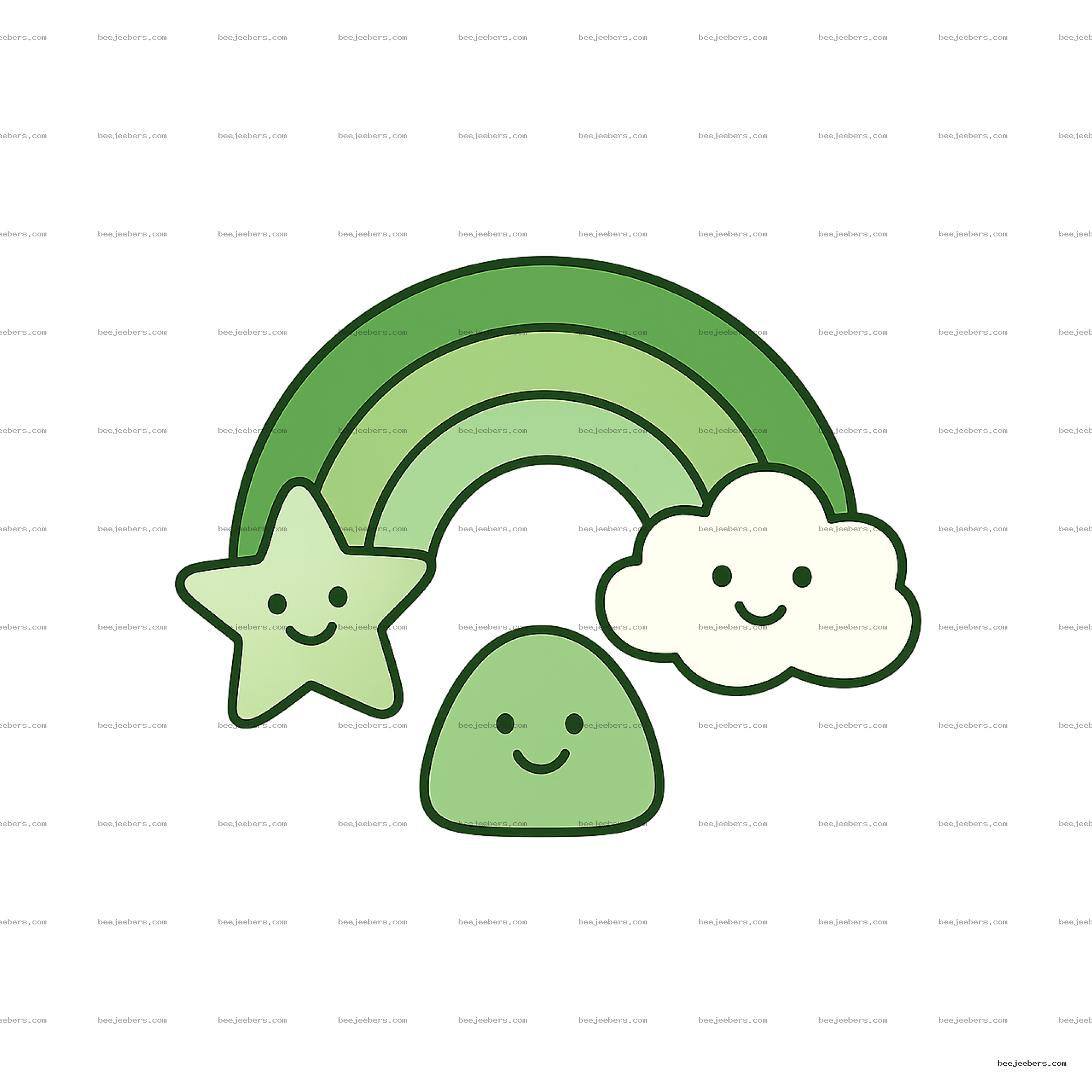 Green rainbow clipart with smiling star, cloud, and green blob characters in clean vector style on transparent background