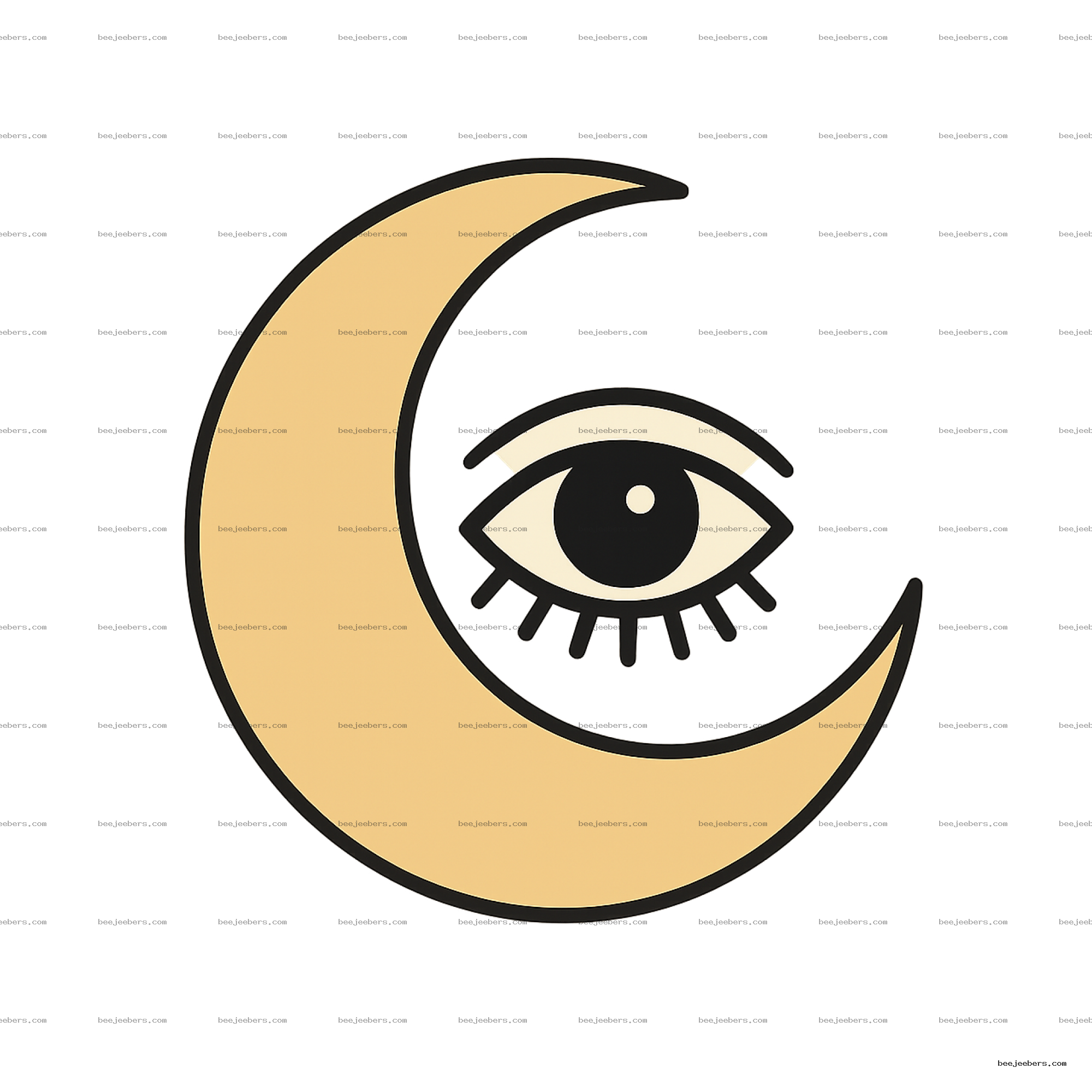 Clean vector crescent moon with a stylized eye inside on transparent background
