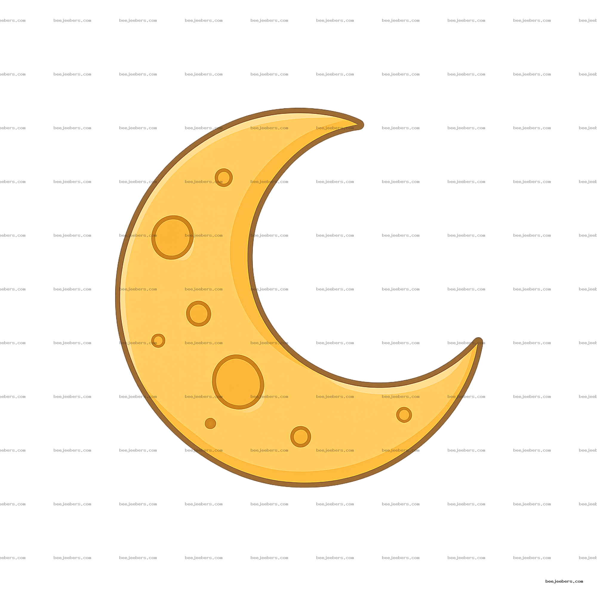 Clean vector crescent moon in yellow with crater details on transparent background.