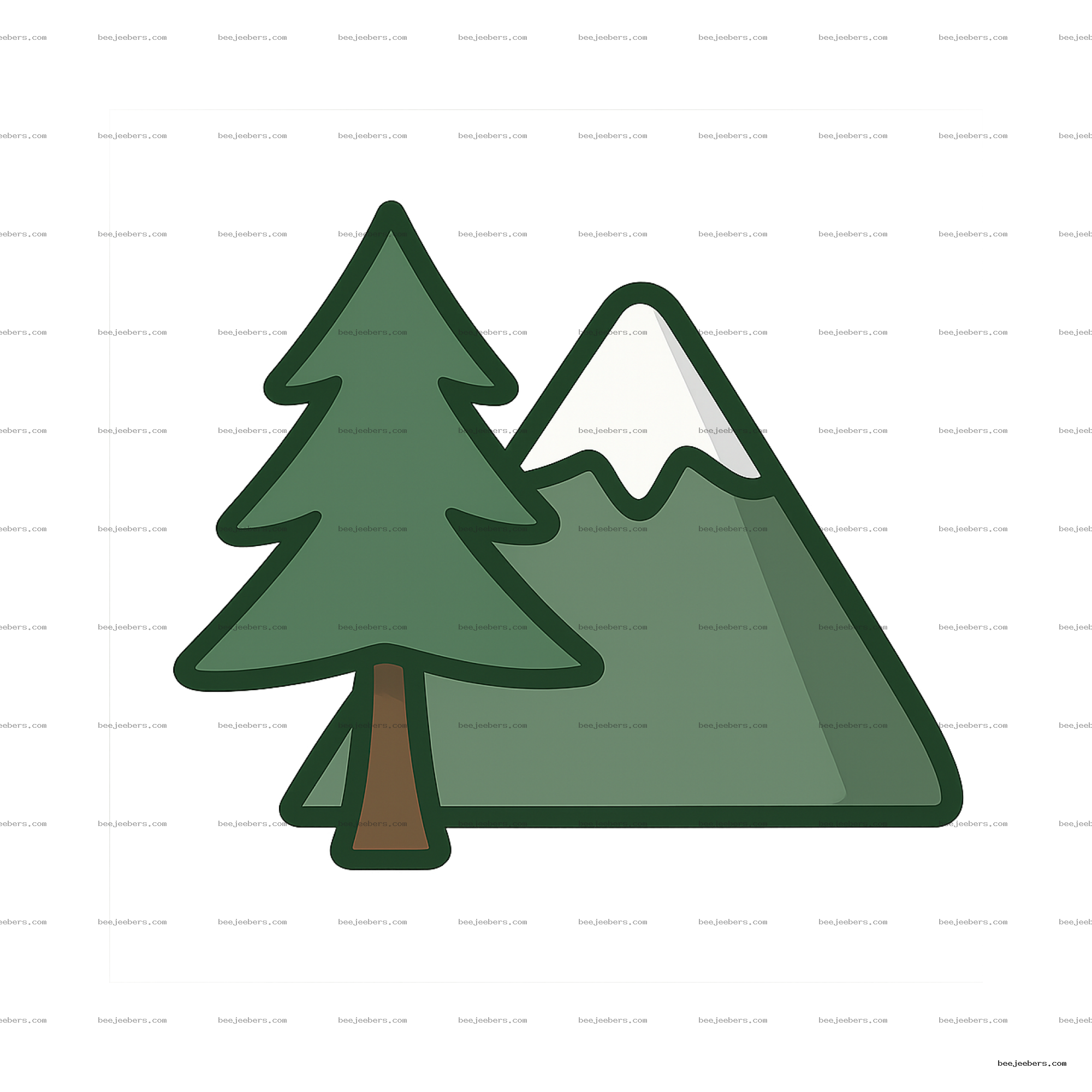 Clean vector PNG of a green pine tree next to a snow-capped mountain with transparent background