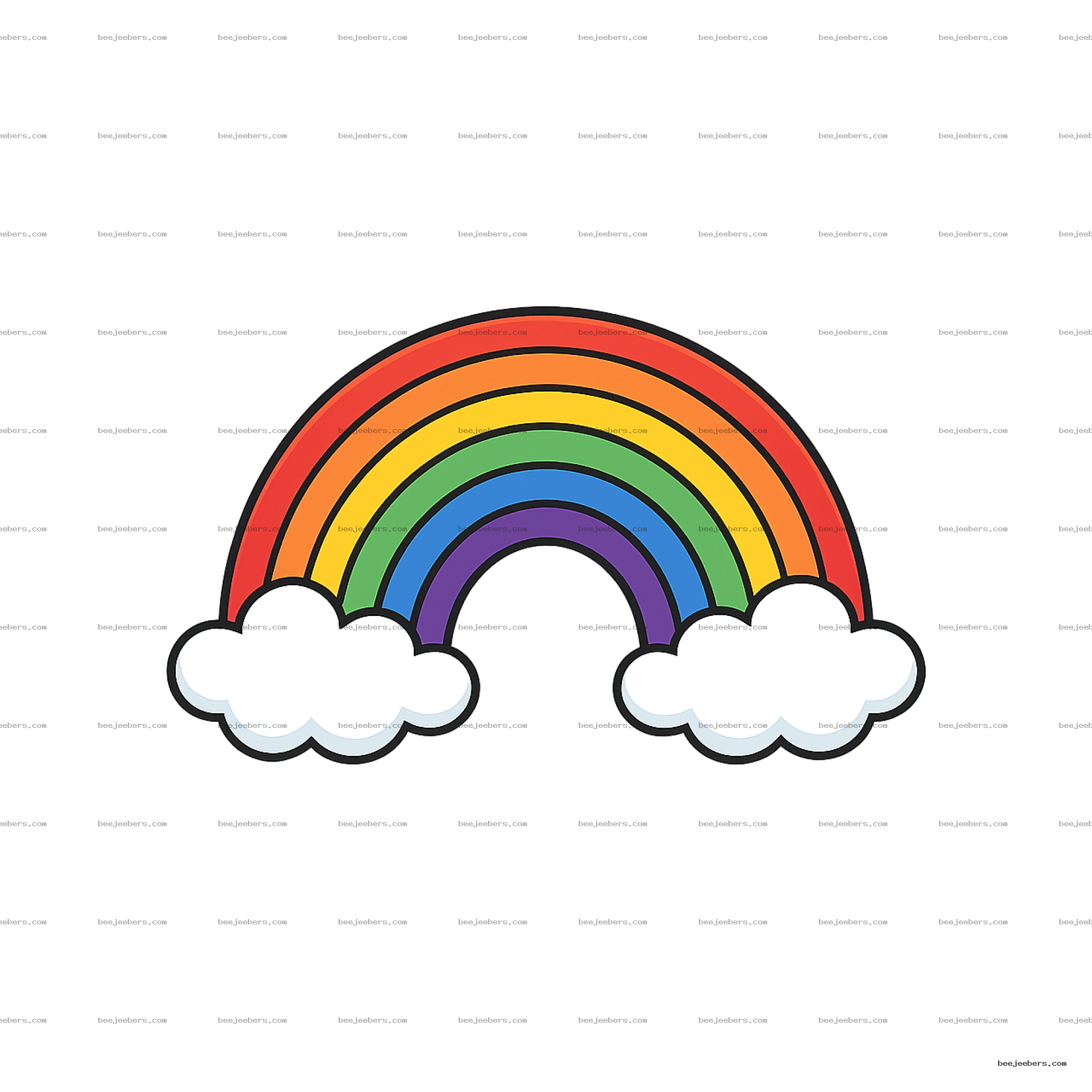 Cartoon rainbow with bright colors and white clouds on a transparent background